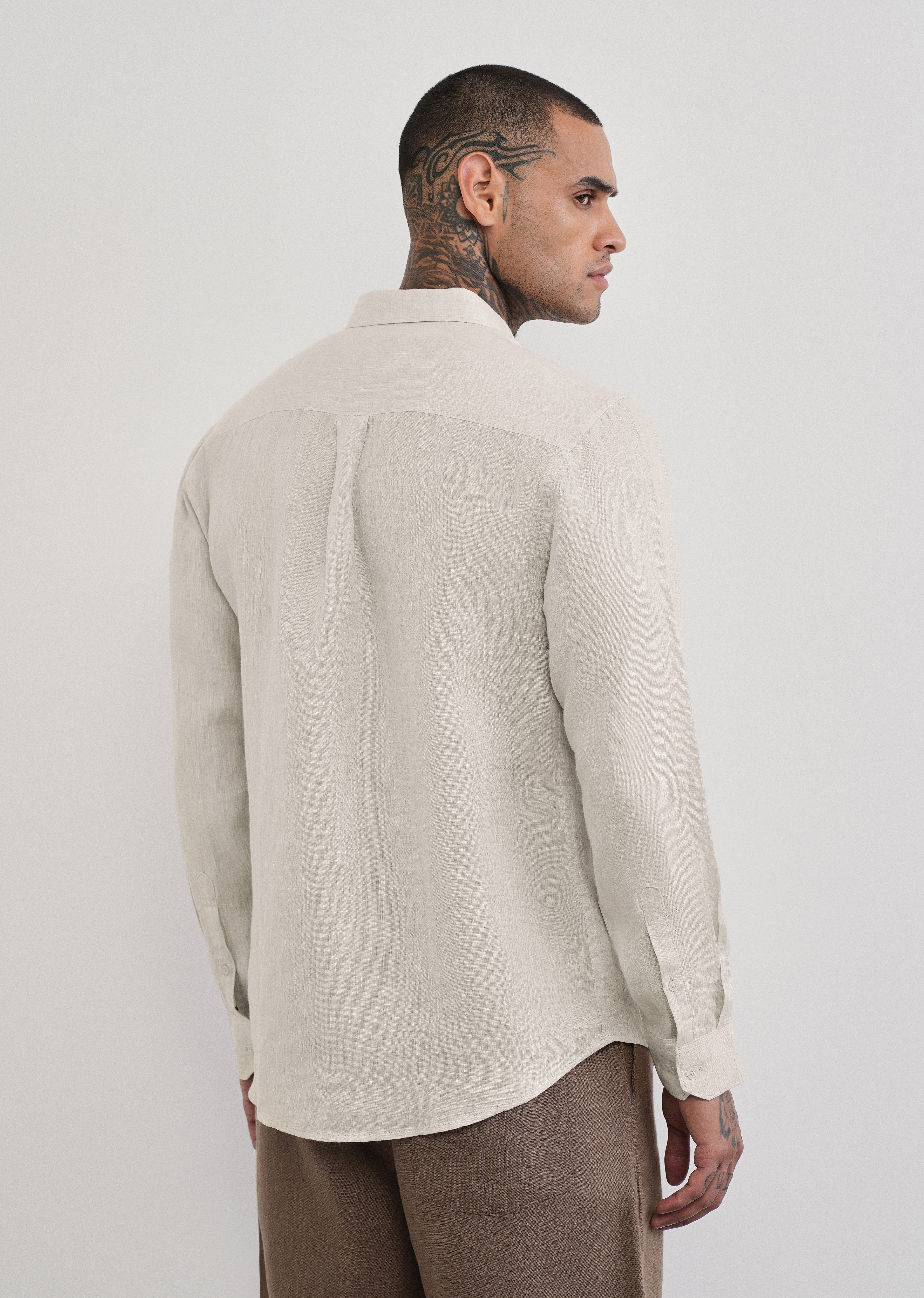 100% Pure Linen Beige Plain Shirt - Image 2
