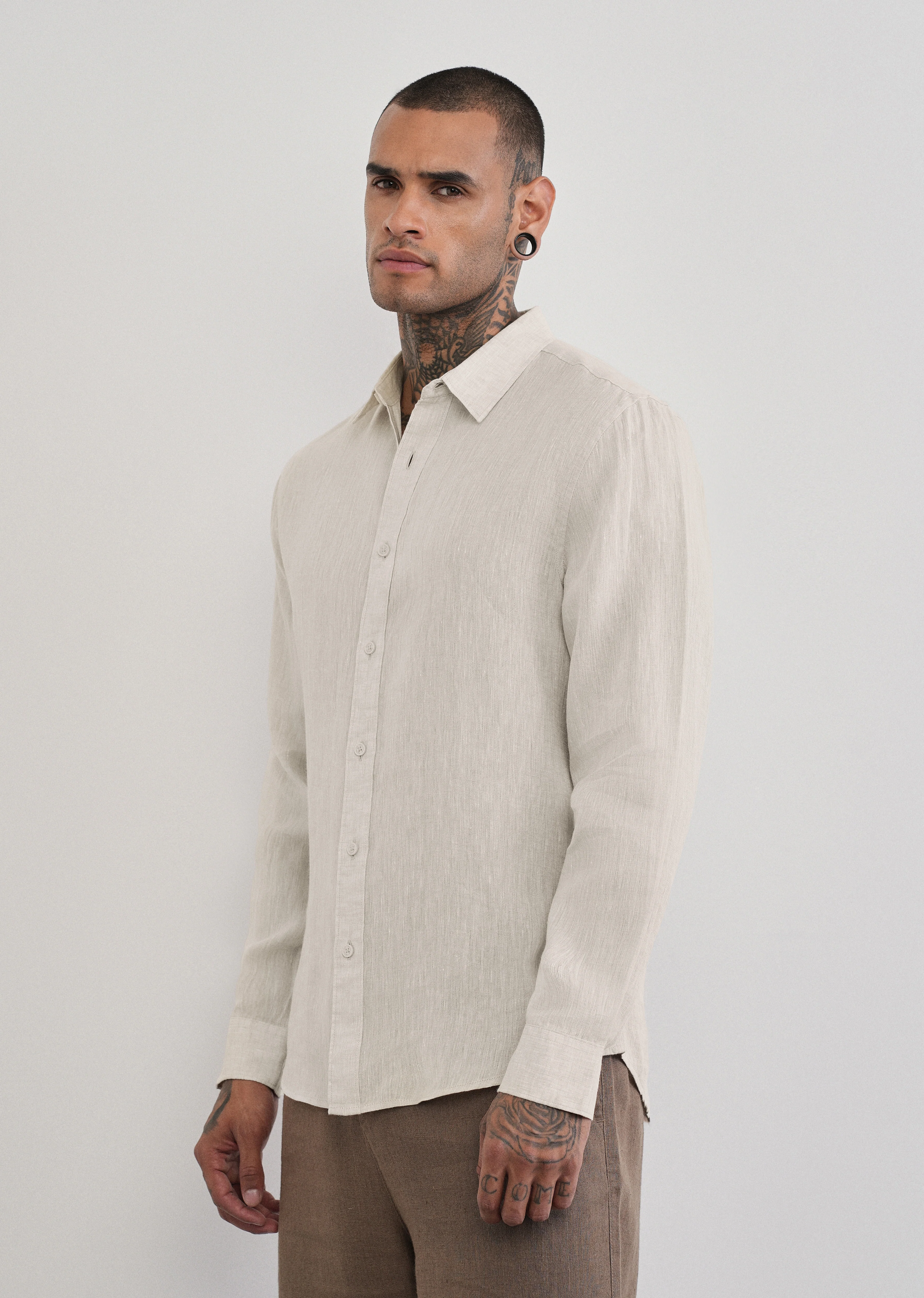 100% Pure Linen Beige Plain Shirt - Image 4