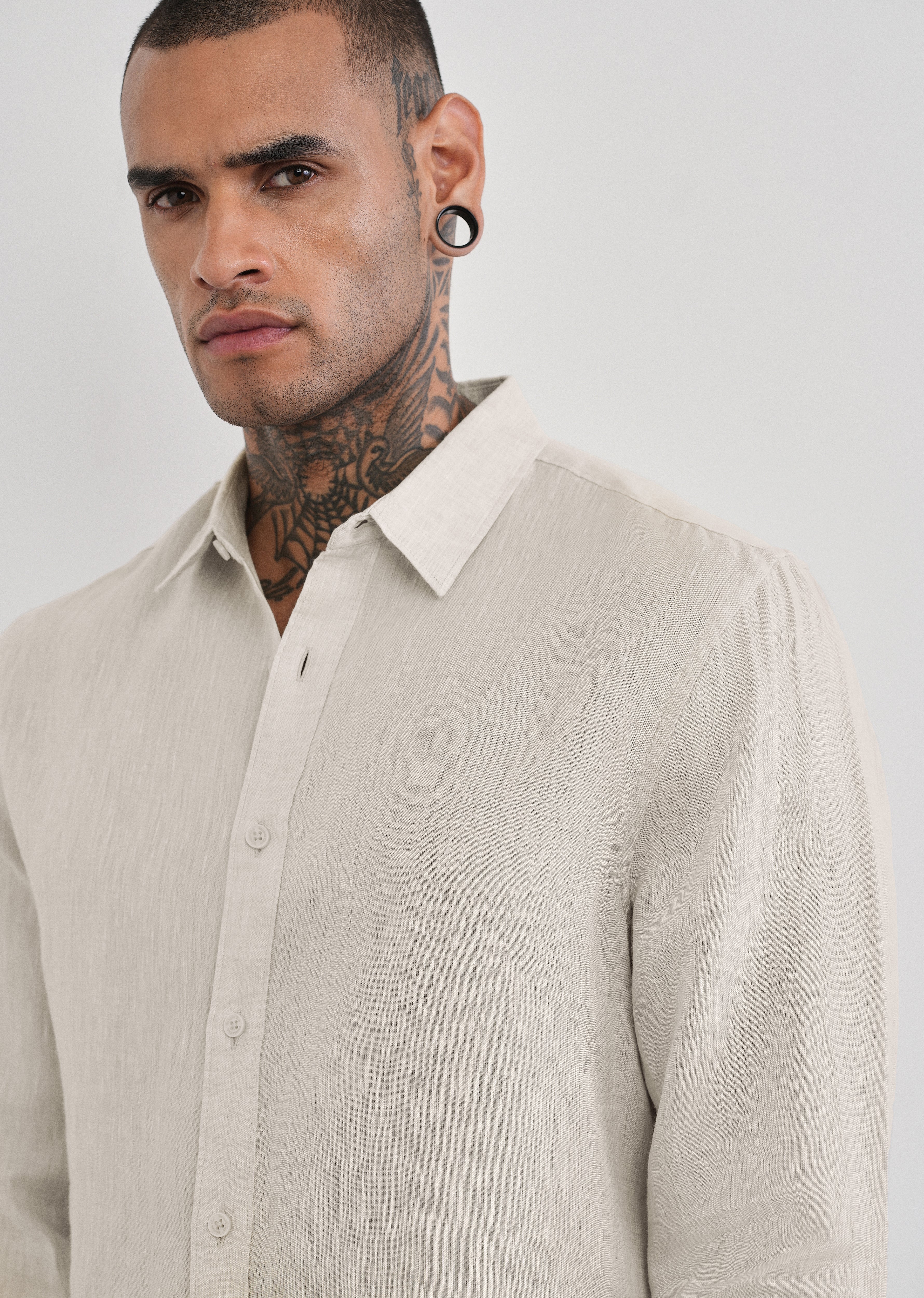 100% Pure Linen Beige Plain Shirt - Image 5