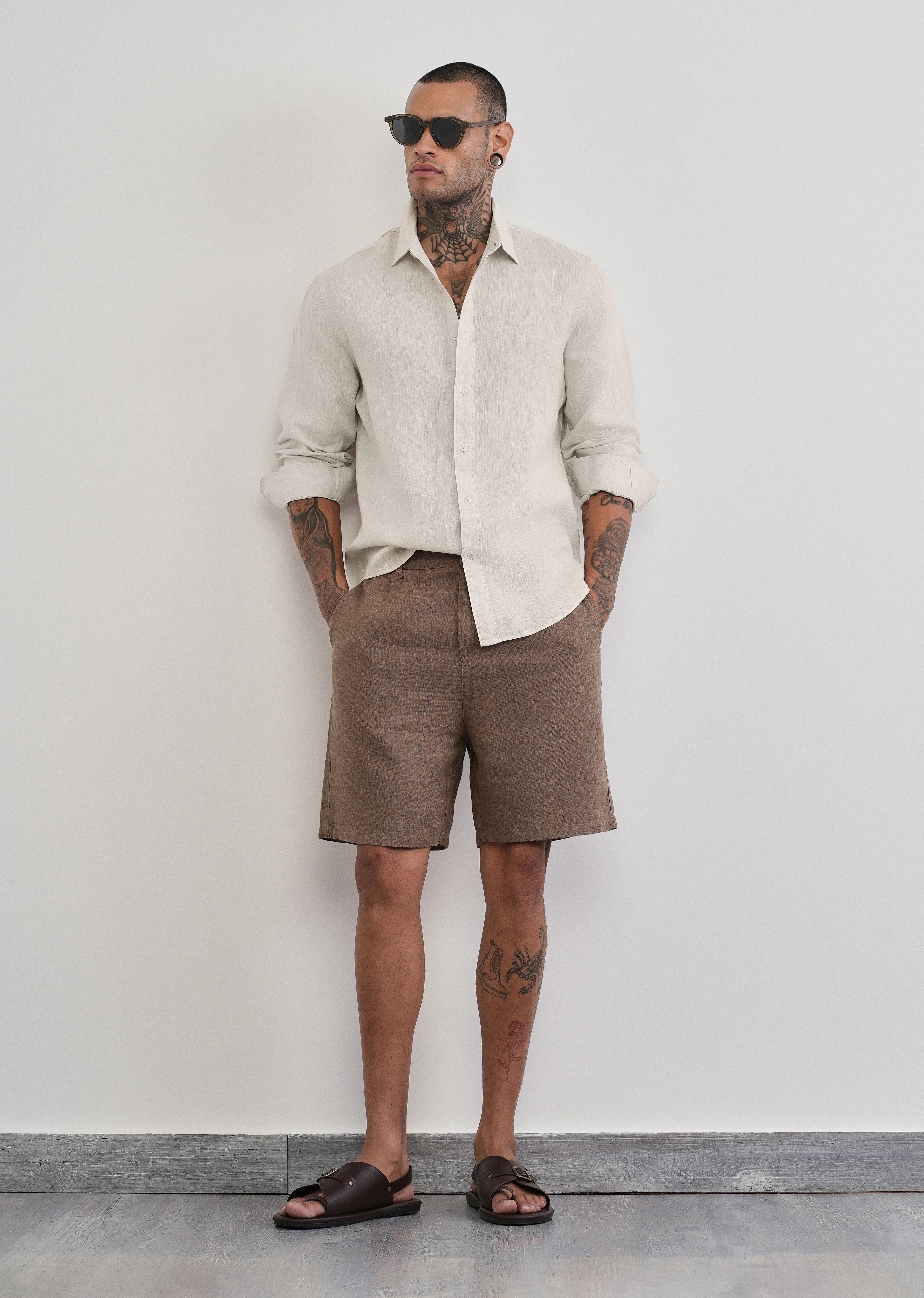 100% Pure Linen Beige Plain Shirt - Image 6