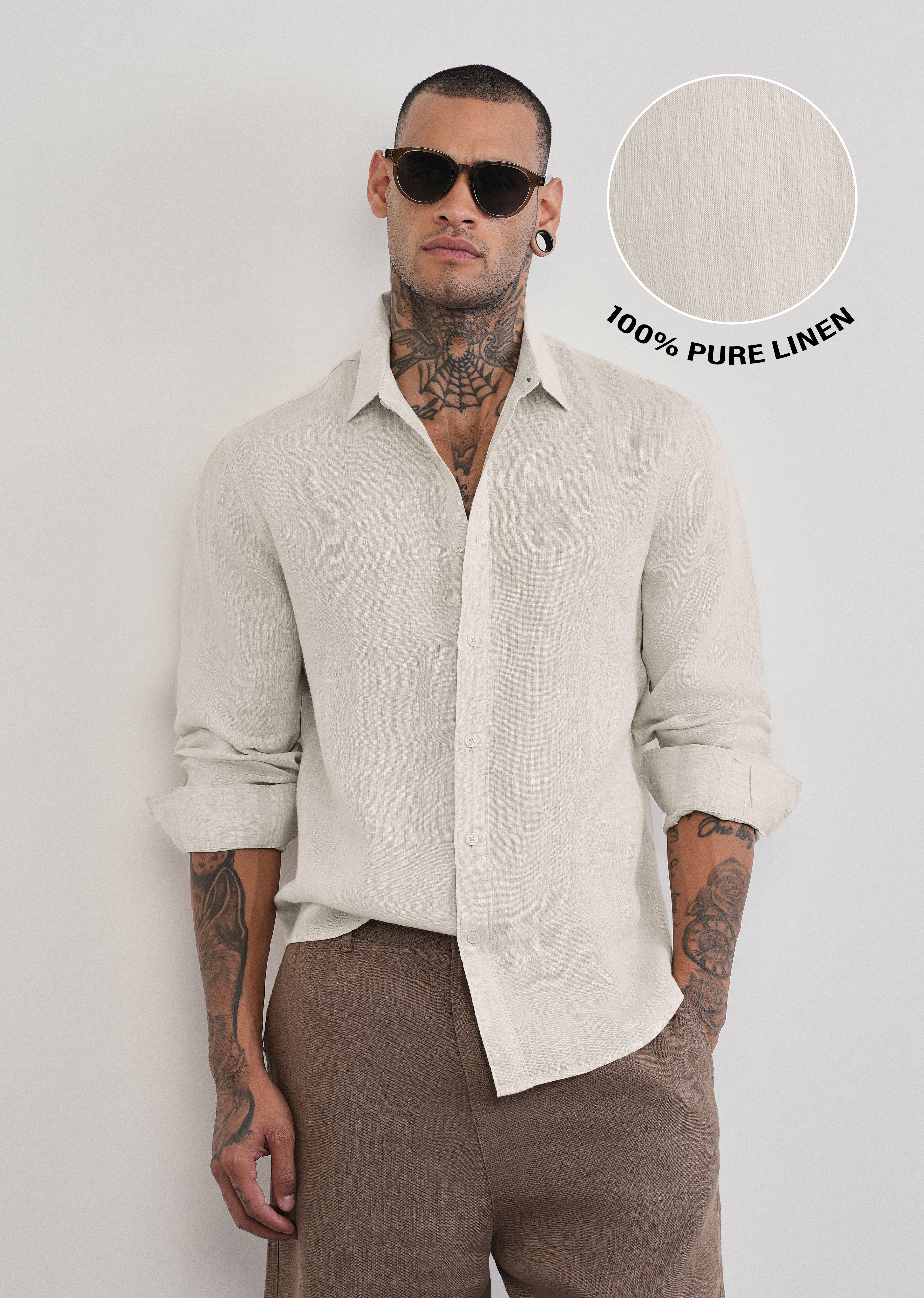 100% Pure Linen Beige Plain Shirt - Image 7