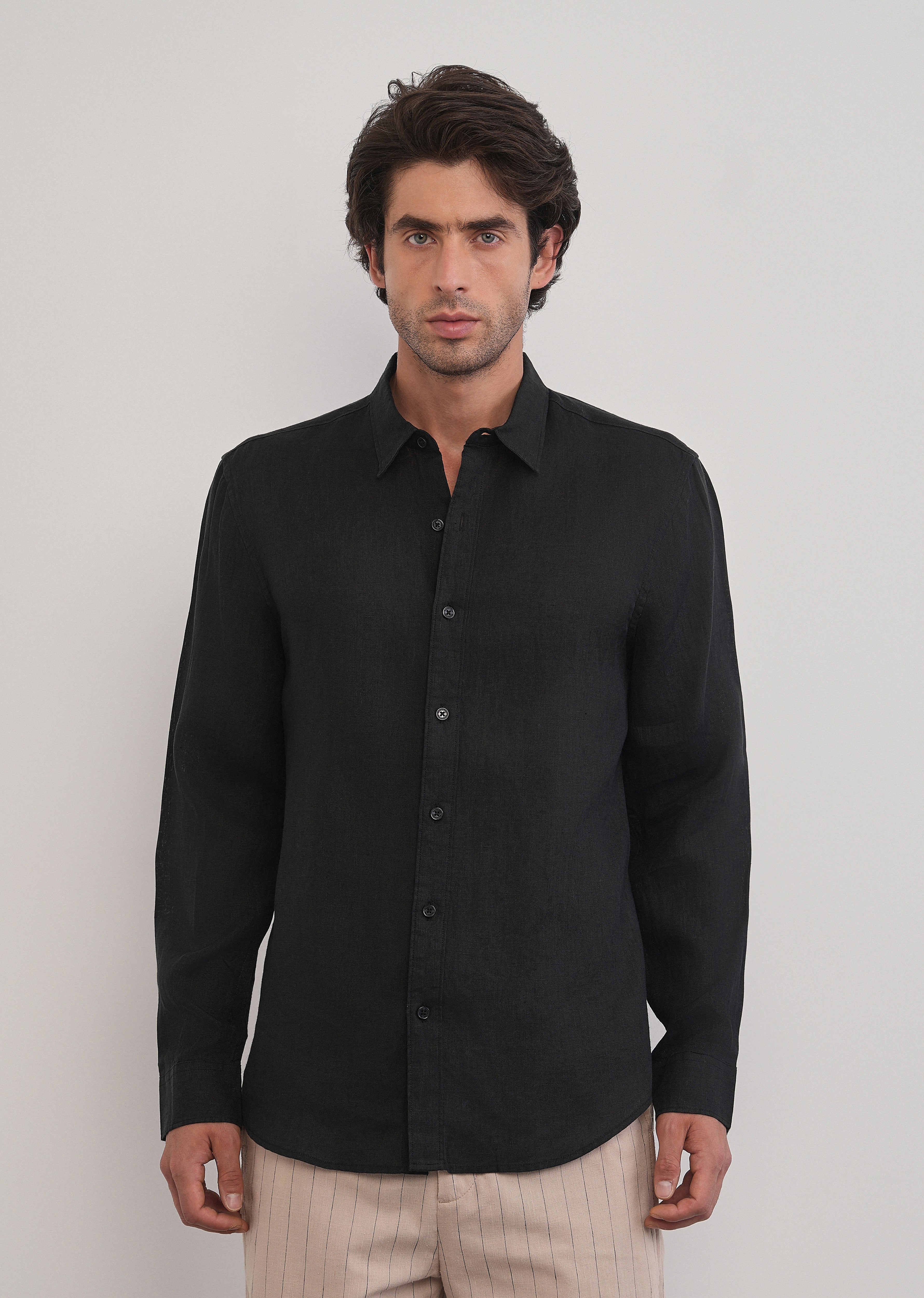 100% Pure Linen Black Plain Shirt - Image 3