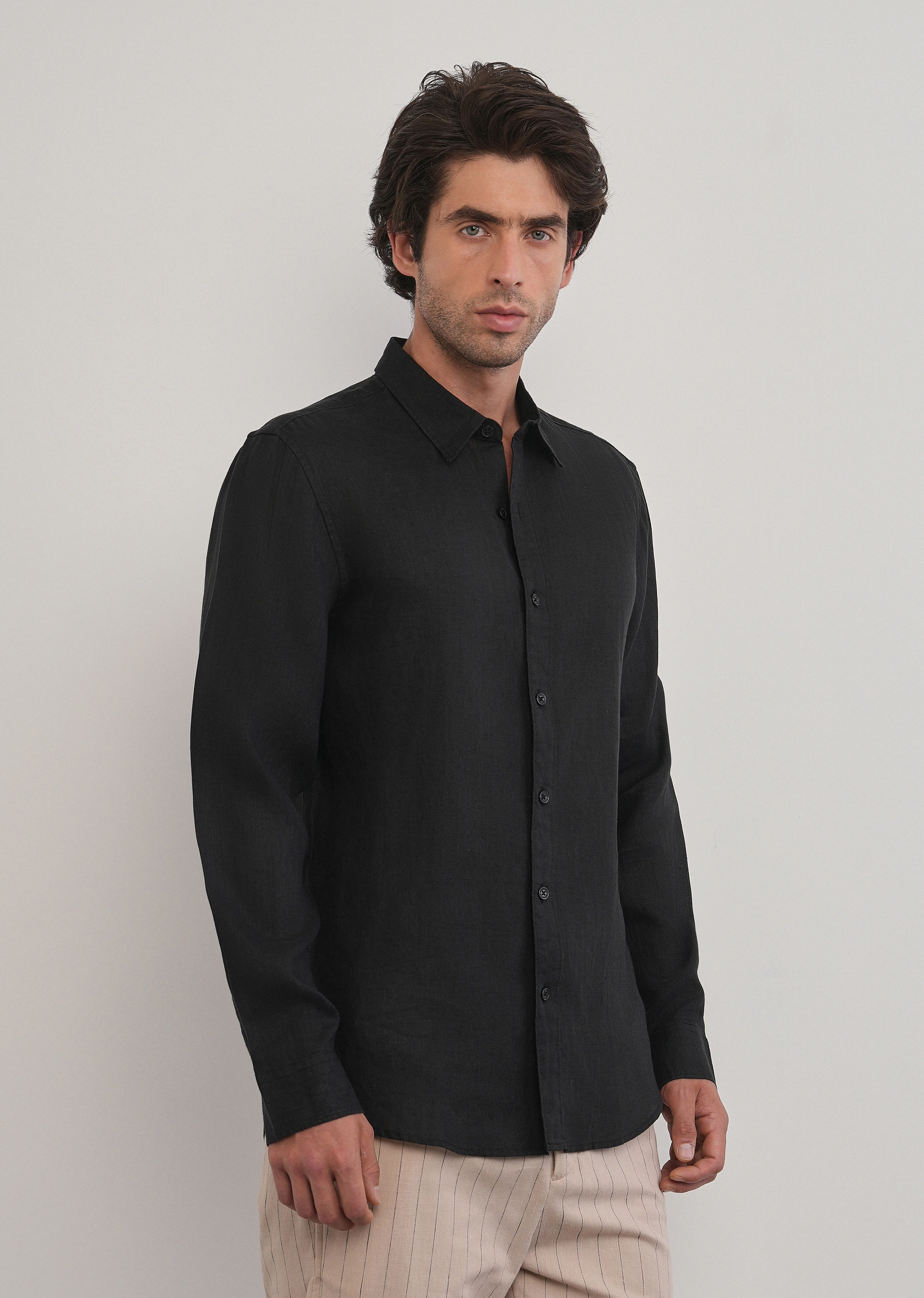 100% Pure Linen Black Plain Shirt - Image 4