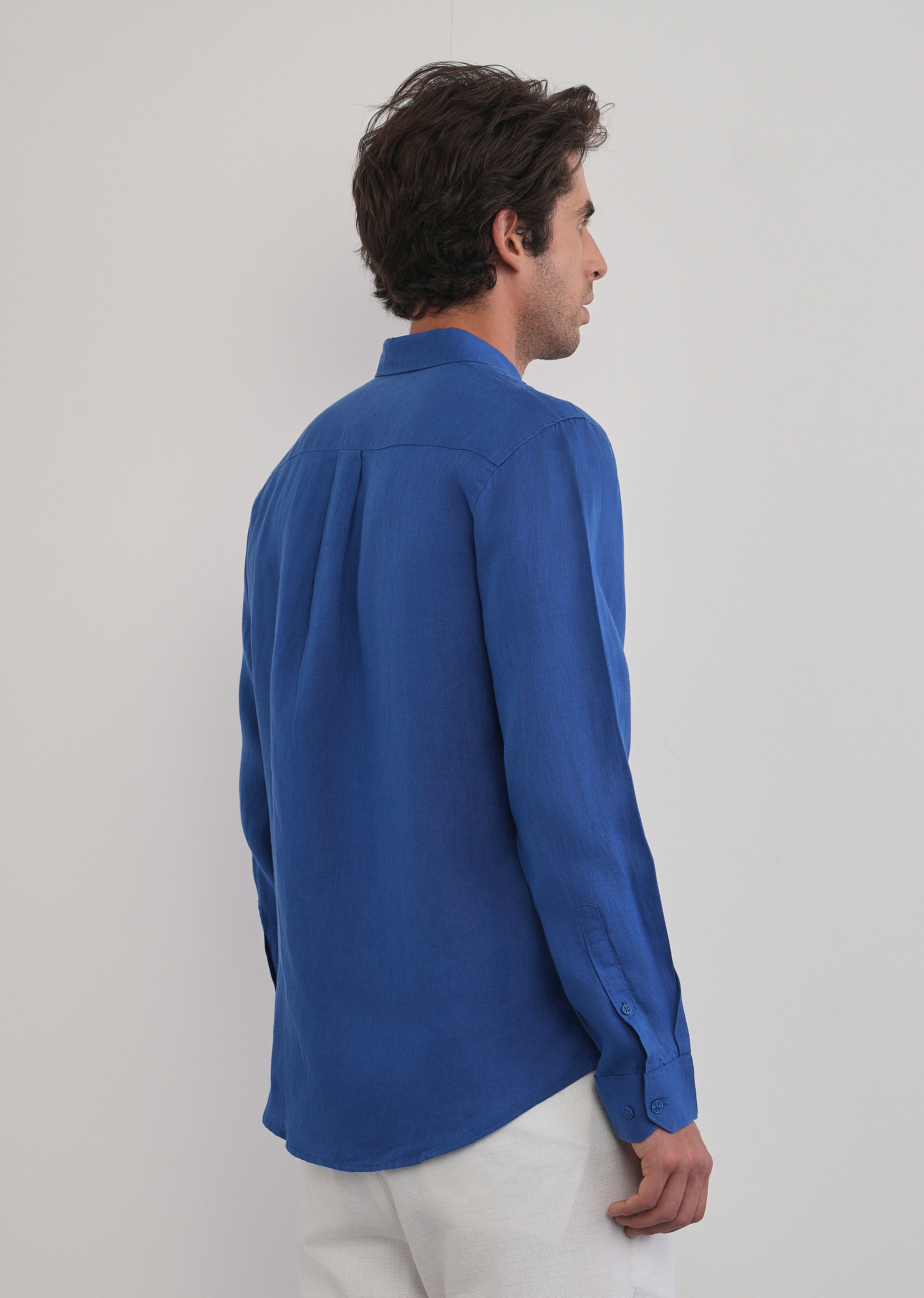 100% Pure Linen Blue Plain Shirt - Image 3