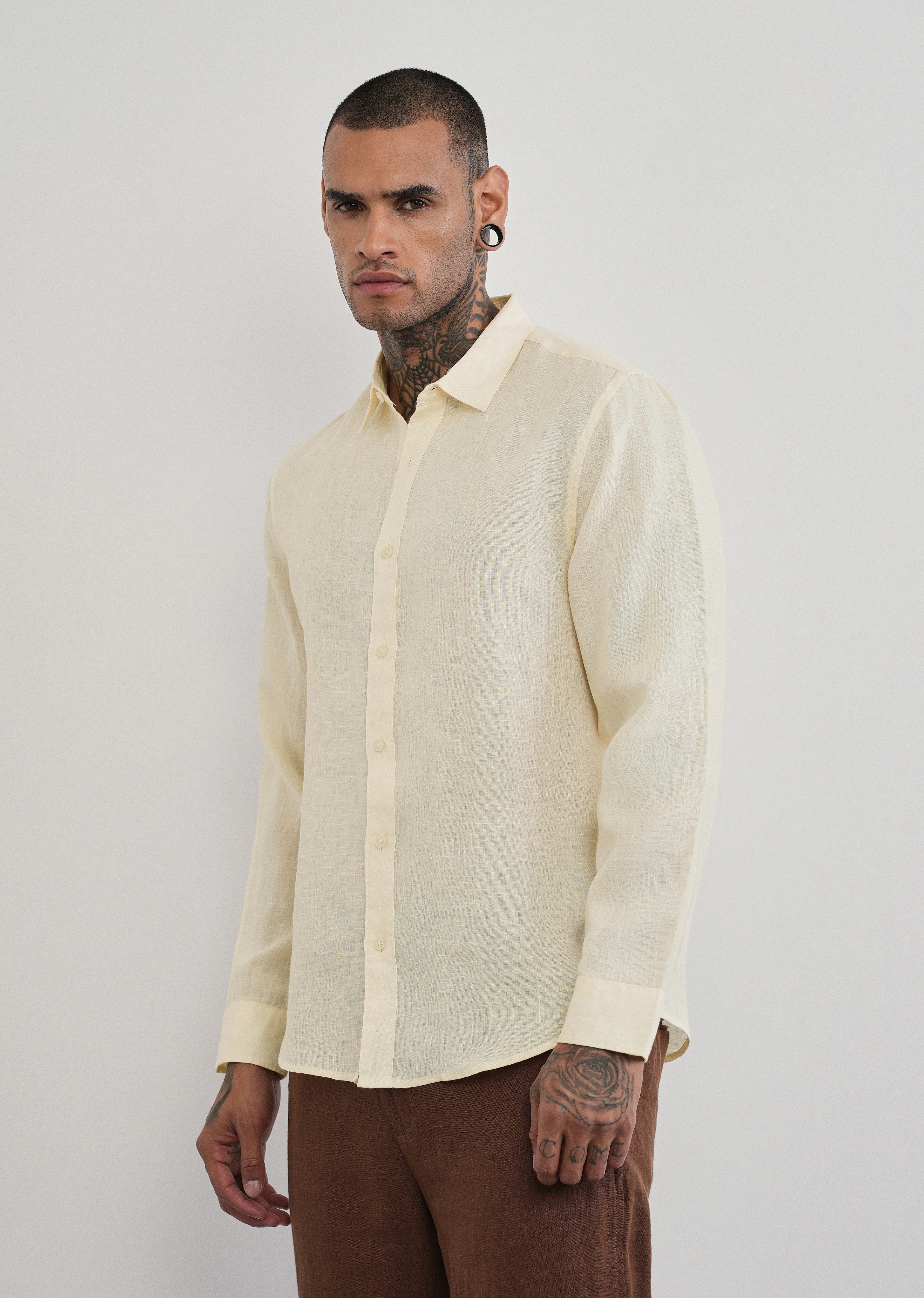 100% Pure Linen Cream Plain Shirt - Image 4
