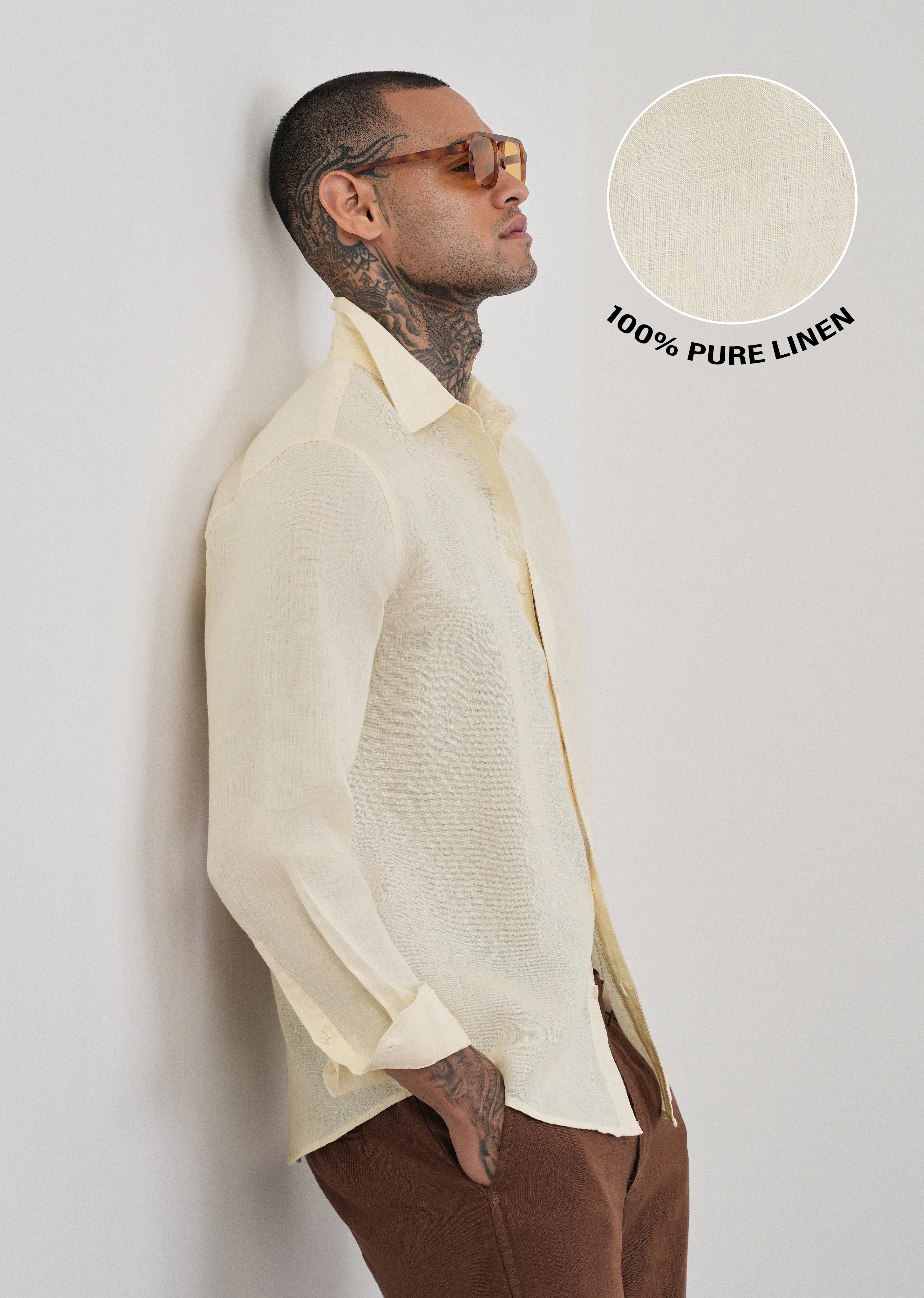 100% Pure Linen Cream Plain Shirt - Image 7