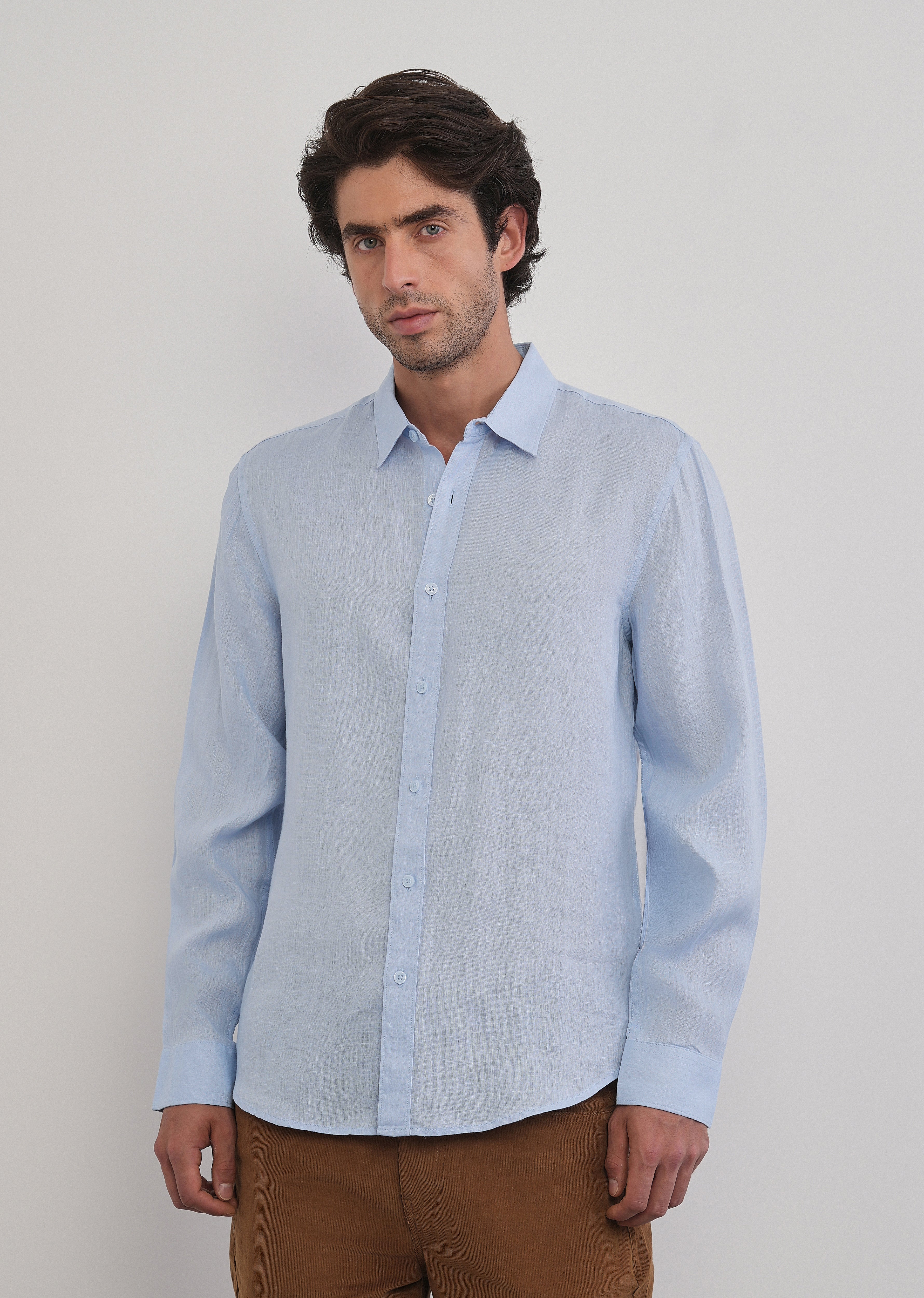 100% Pure Linen Light Blue Plain Shirt - Image 3