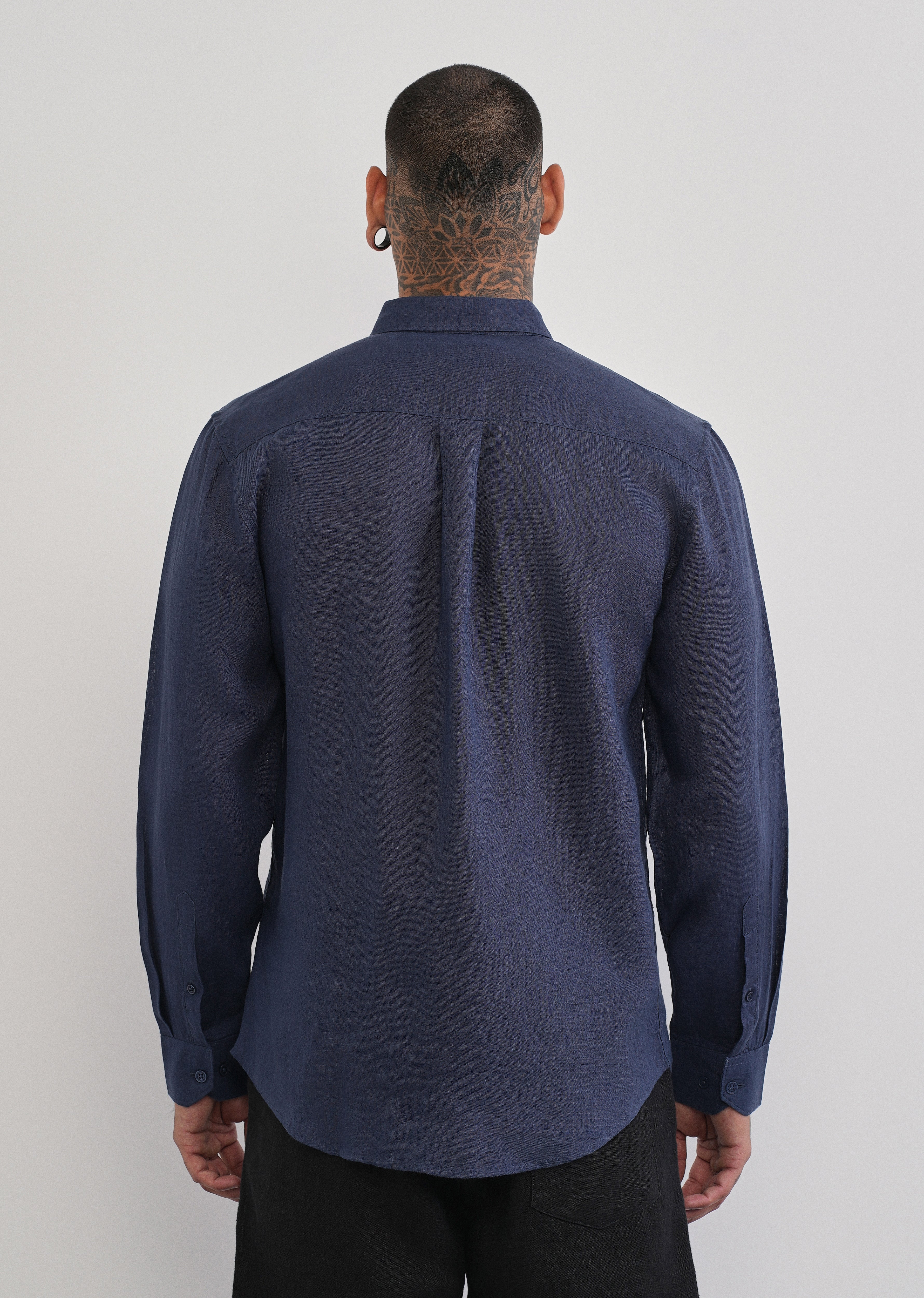 100% Pure Linen Navy Blue Plain Shirt - Image 3