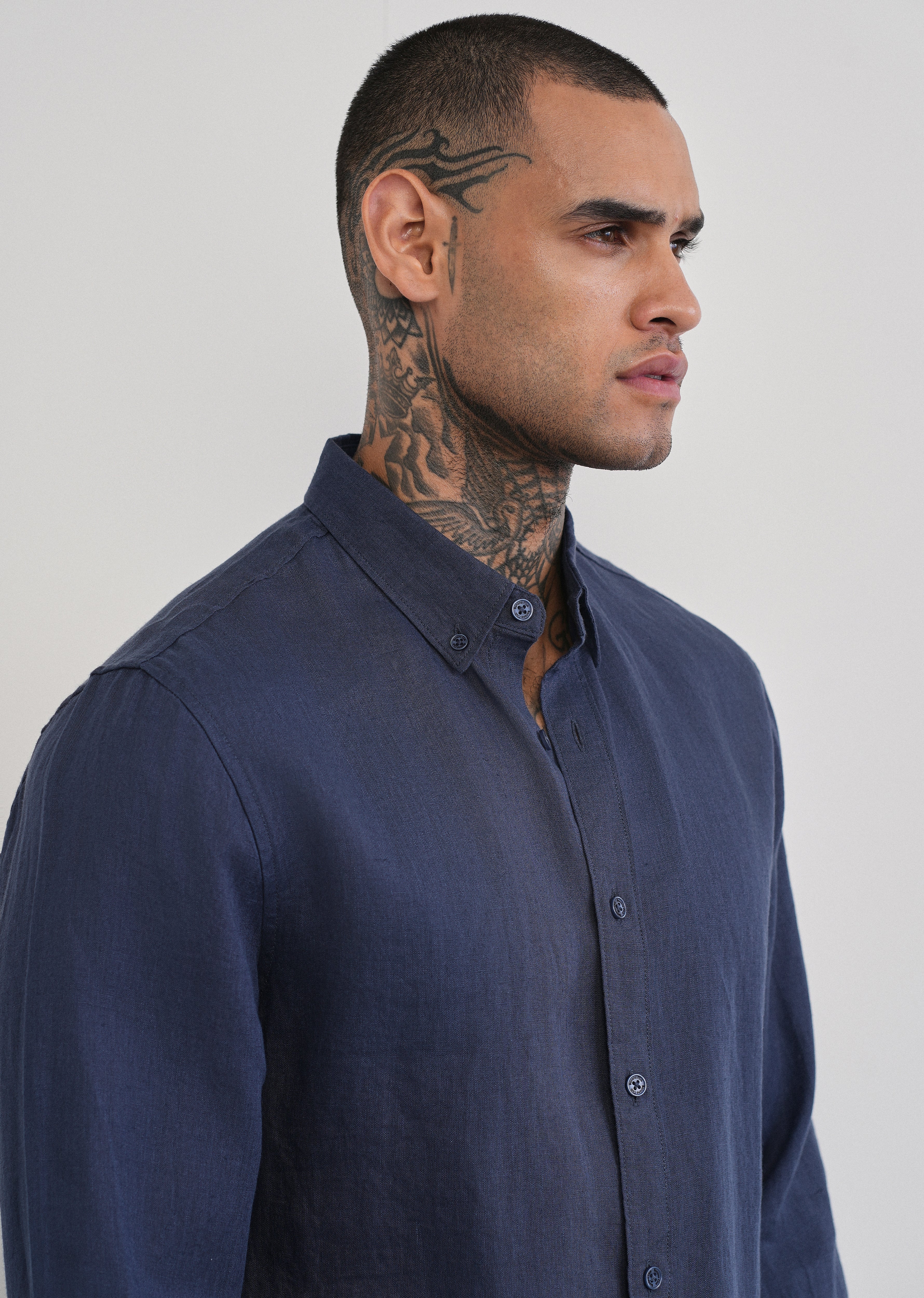 100% Pure Linen Navy Blue Plain Shirt - Image 7