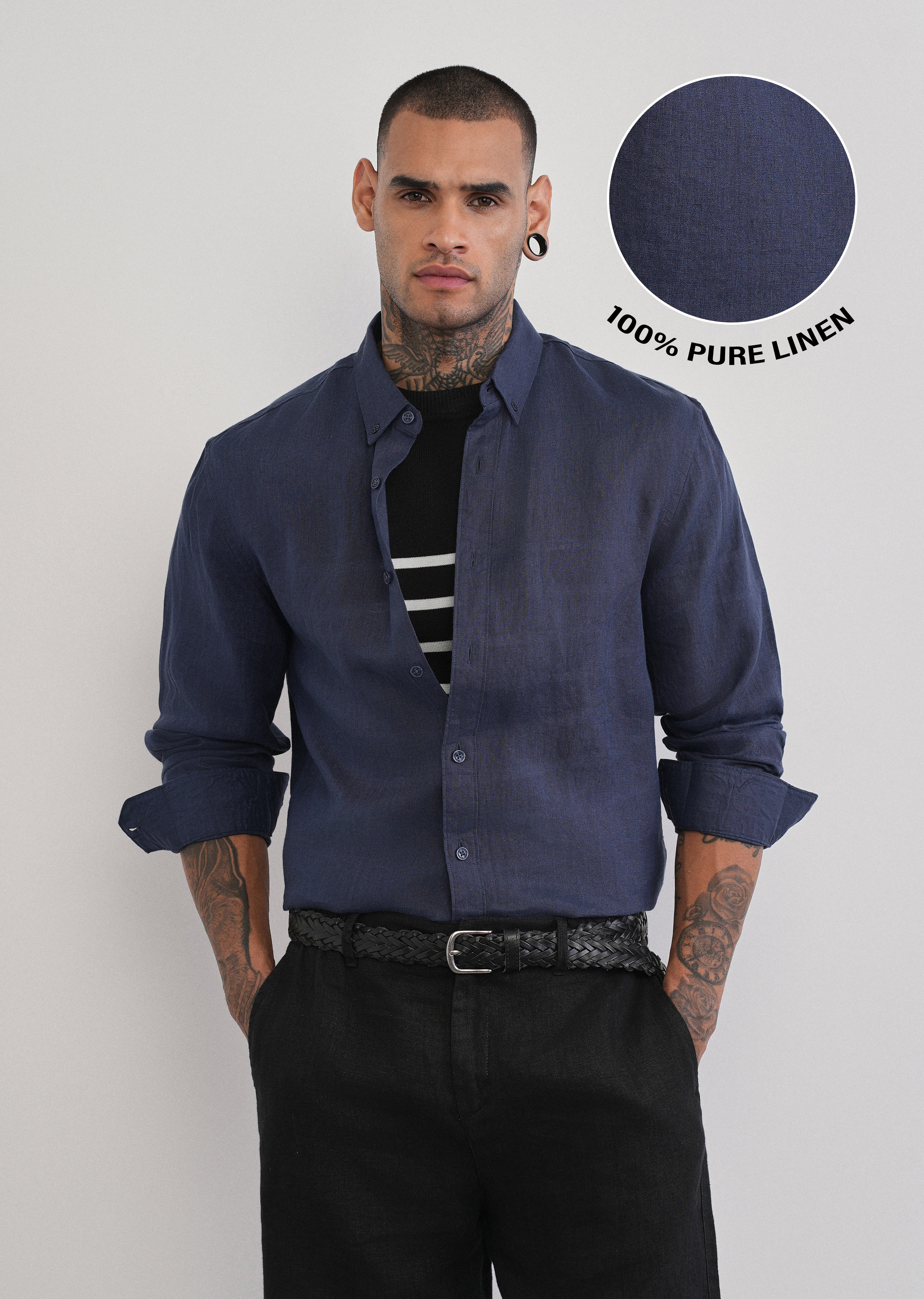100% Pure Linen Navy Blue Plain Shirt - Image 9