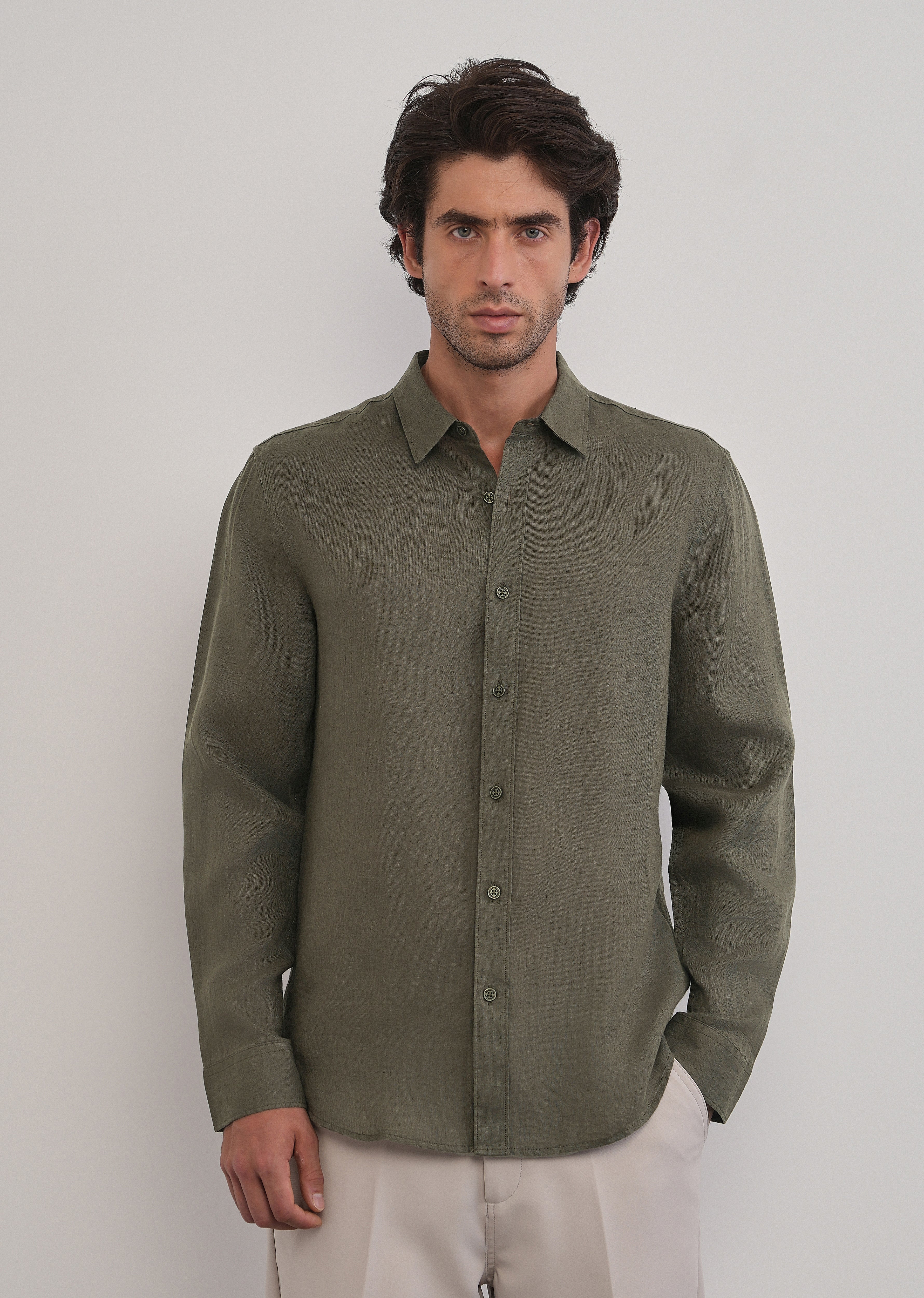 100% Pure Linen Olive Green Plain Shirt - Image 3