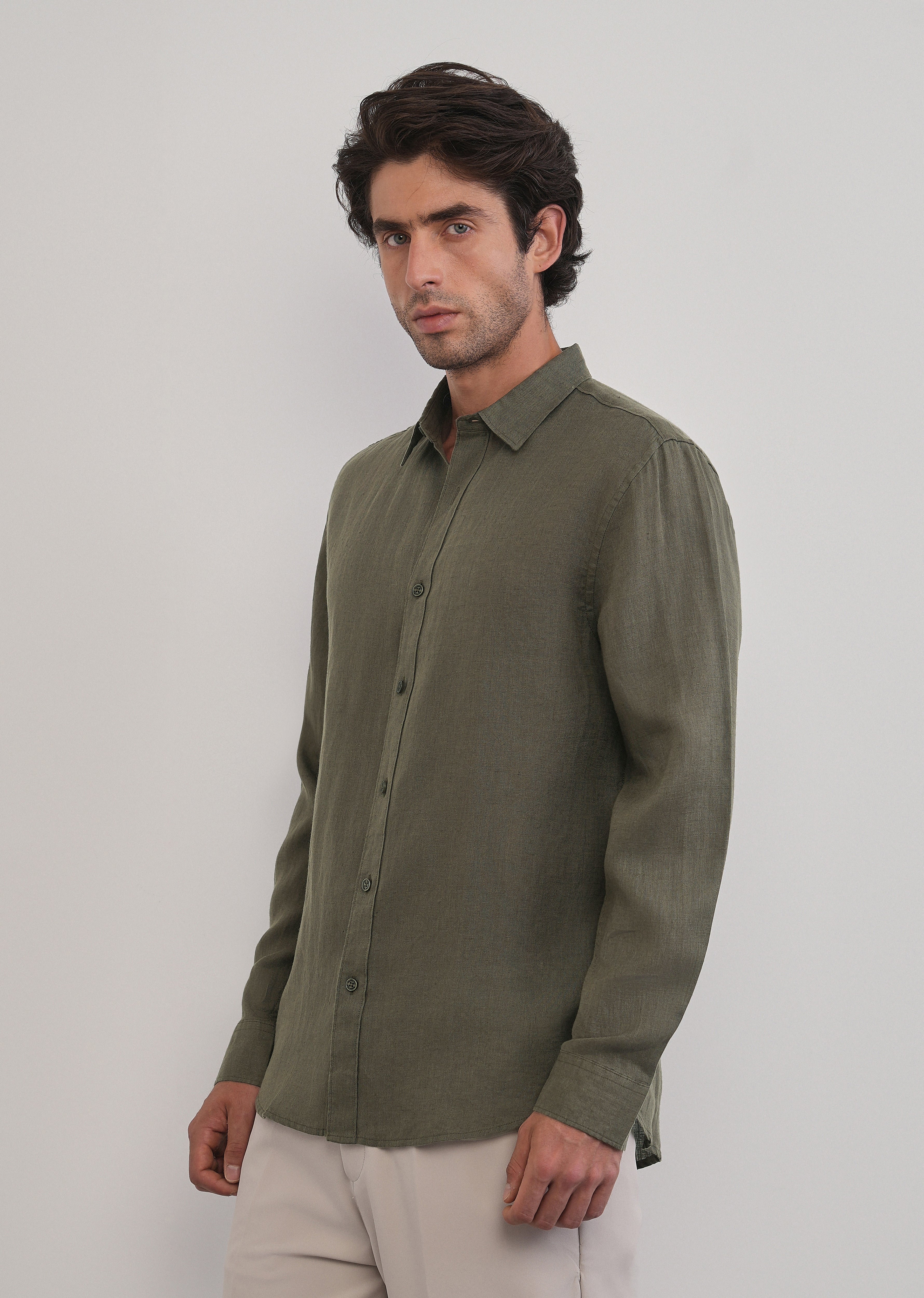 100% Pure Linen Olive Green Plain Shirt - Image 4