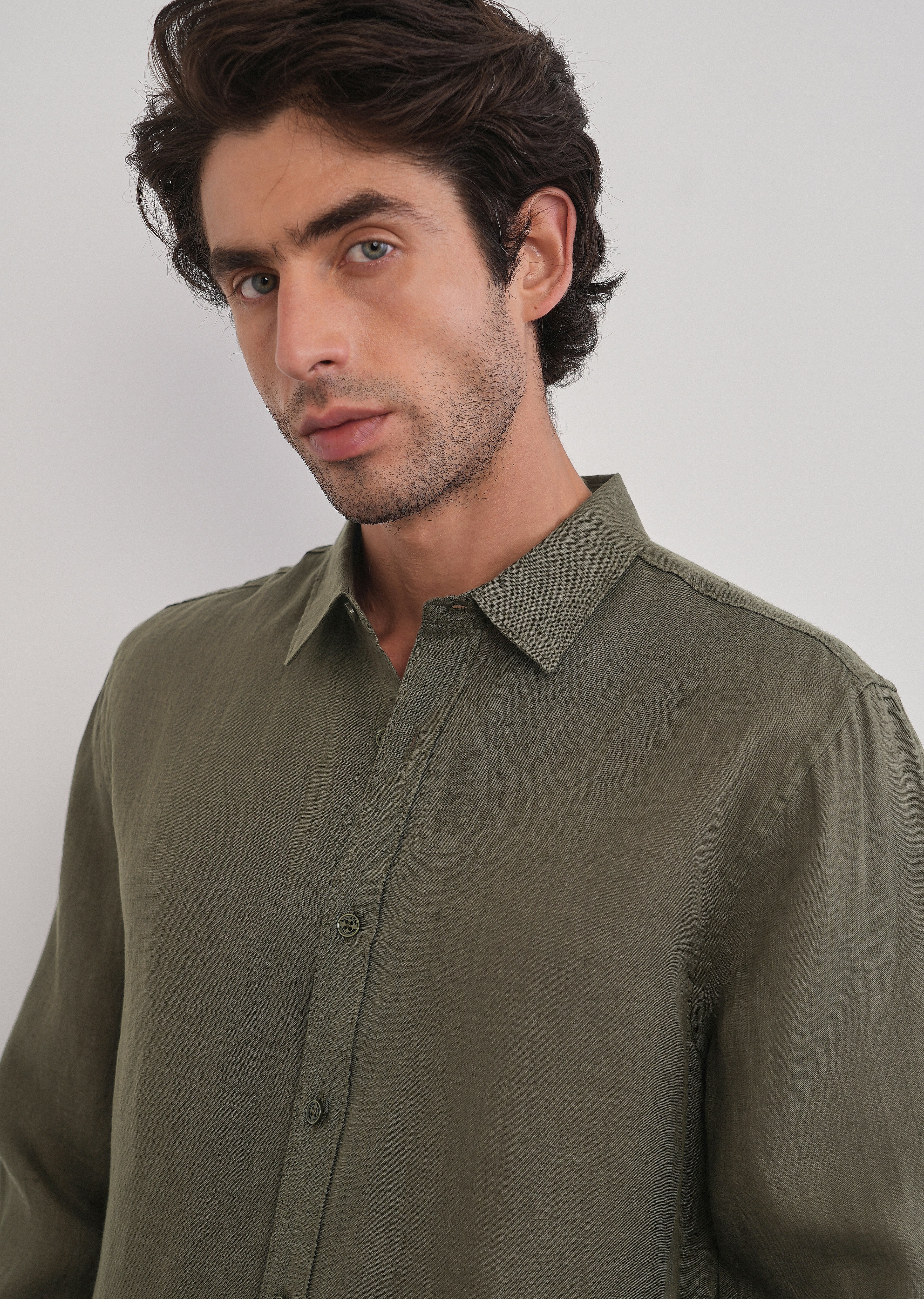 100% Pure Linen Olive Green Plain Shirt - Image 5