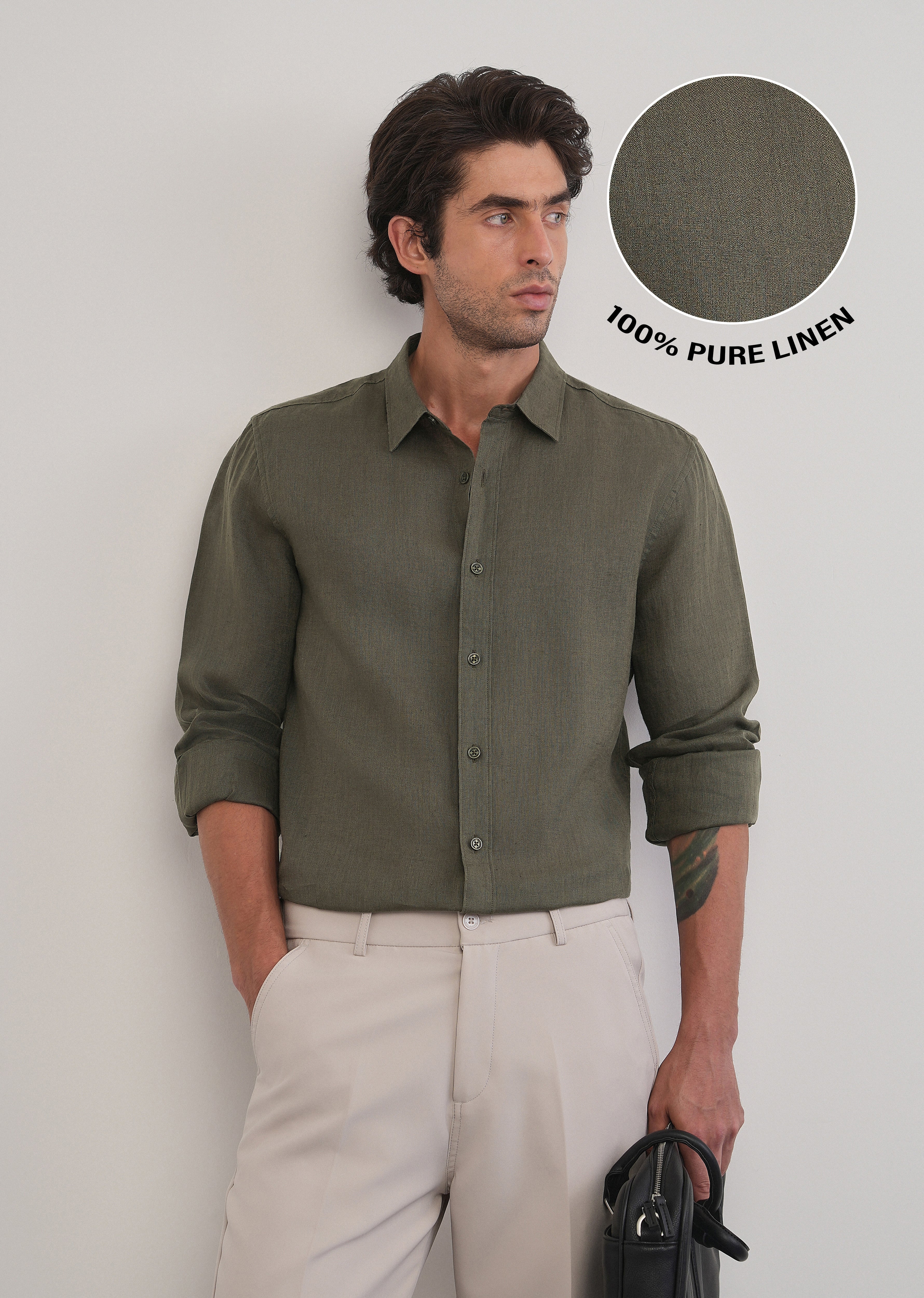 100% Pure Linen Olive Green Plain Shirt - Image 7