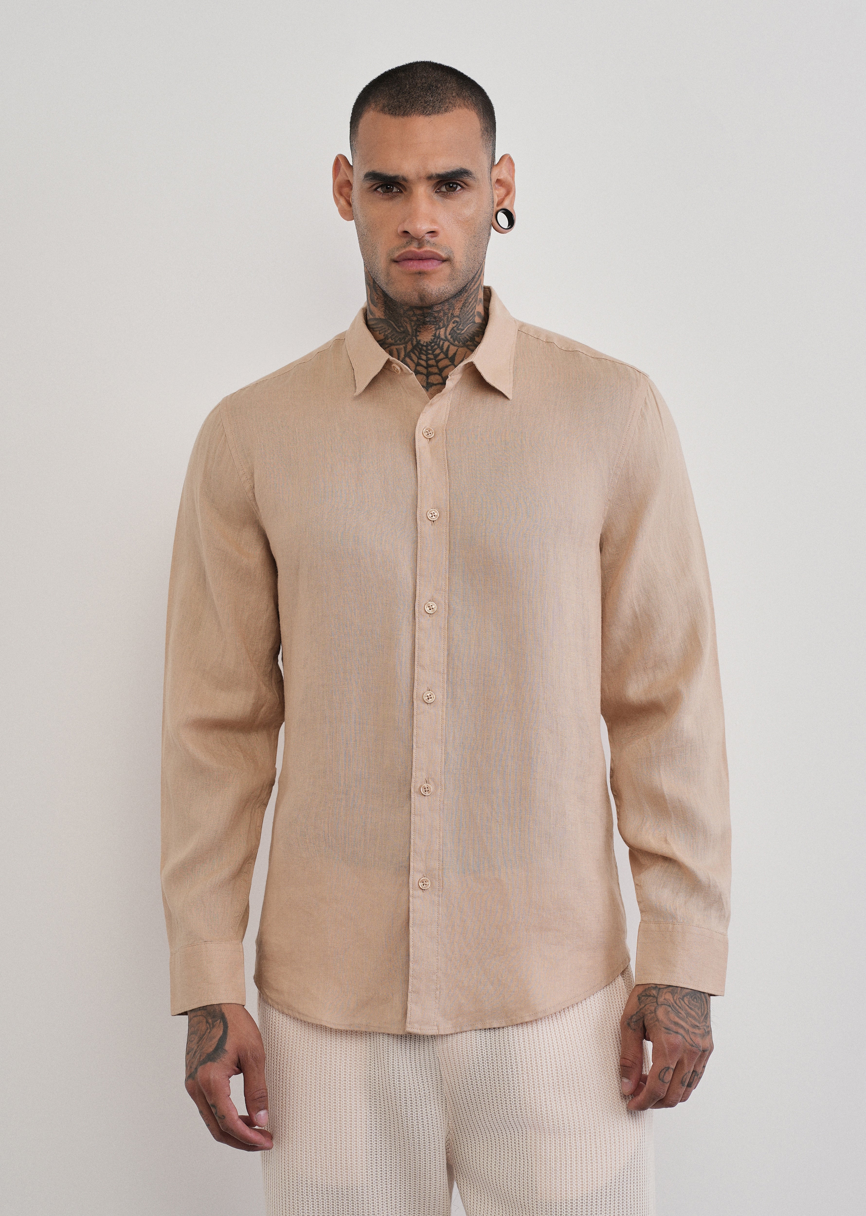 100% Pure Linen Tan Beige Plain Shirt - Image 5