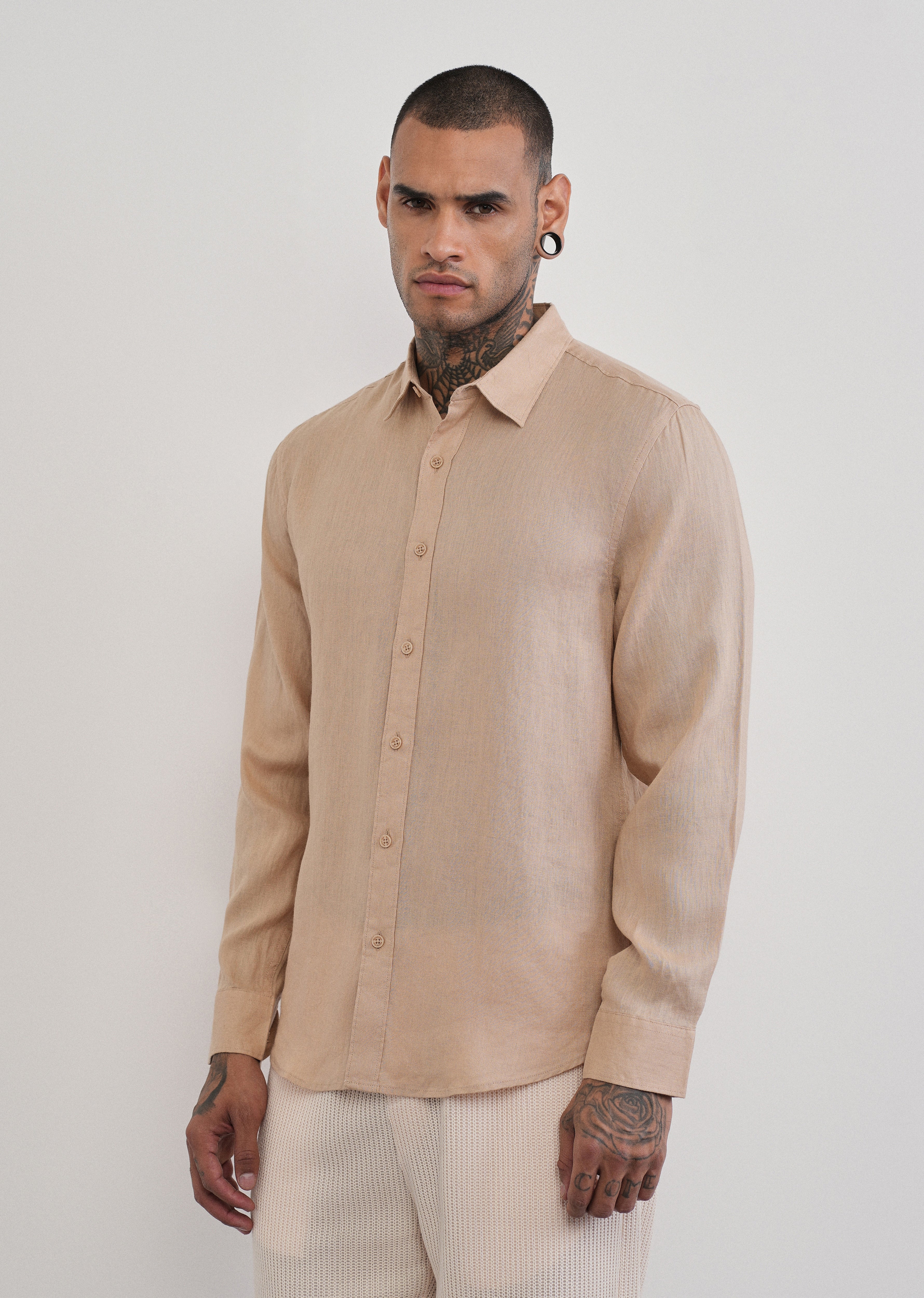 100% Pure Linen Tan Beige Plain Shirt - Image 6
