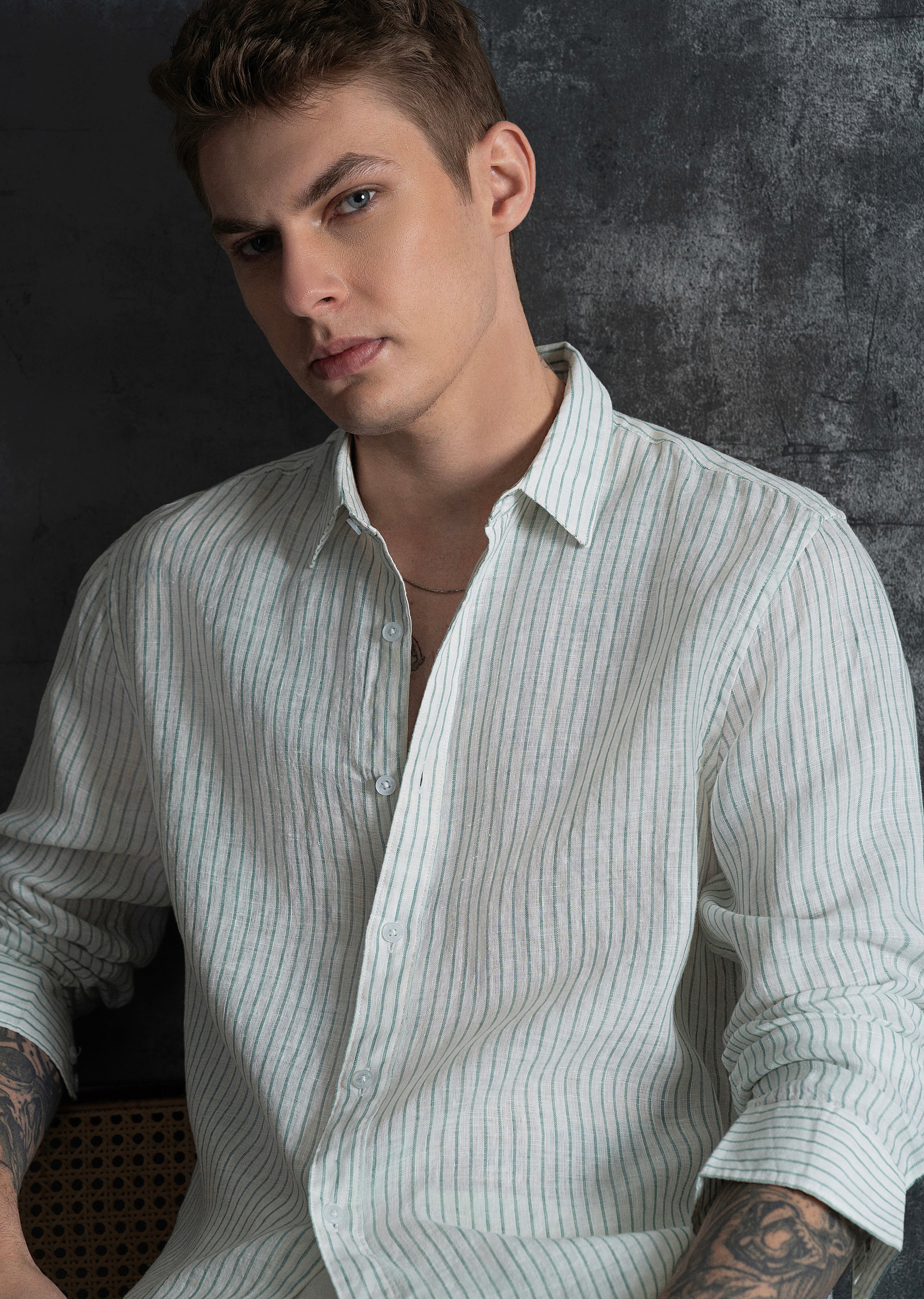 100% Linen Green Self-Stripe Shirt - Image 3