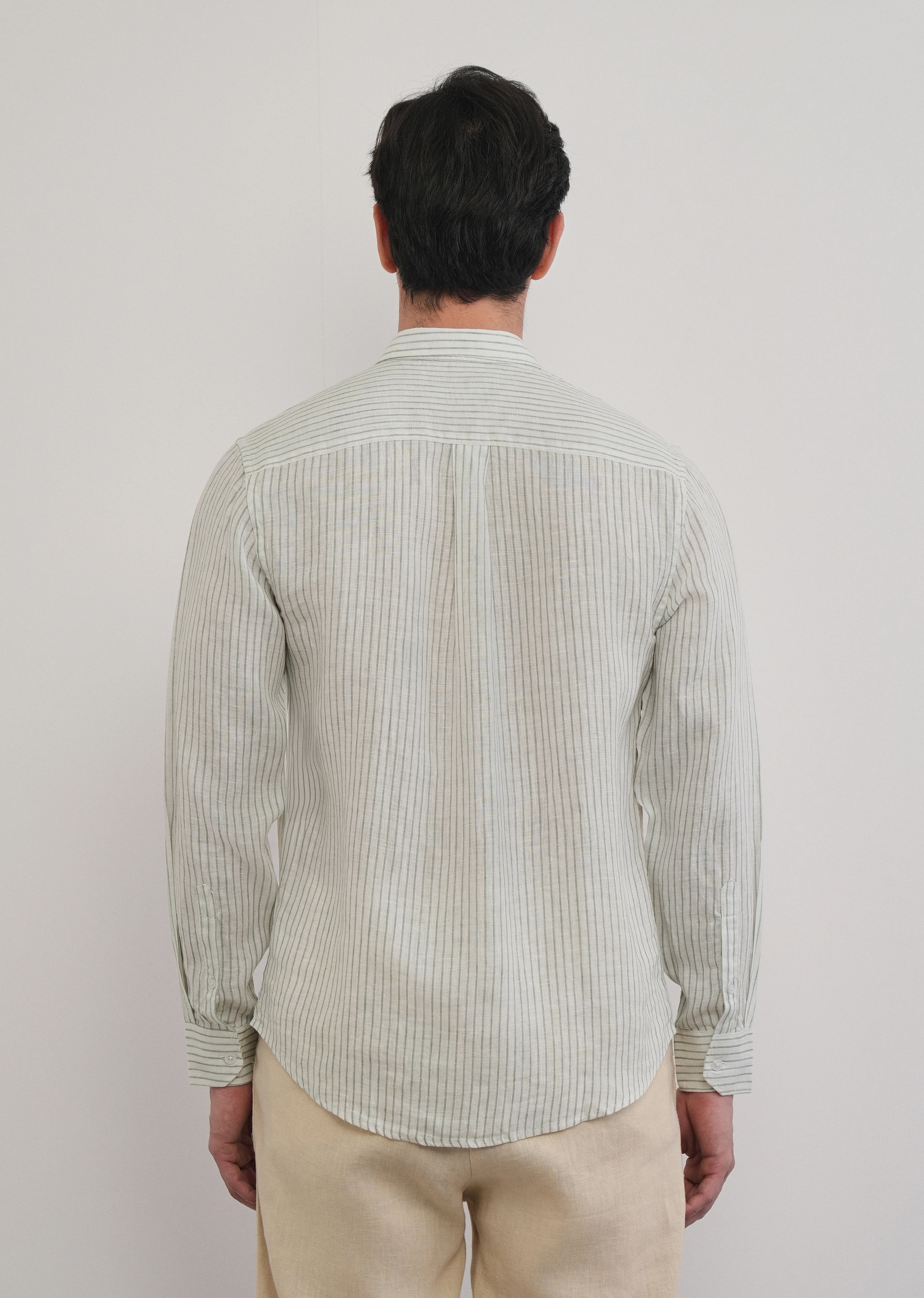 100% Linen Green Self-Stripe Shirt - Image 5