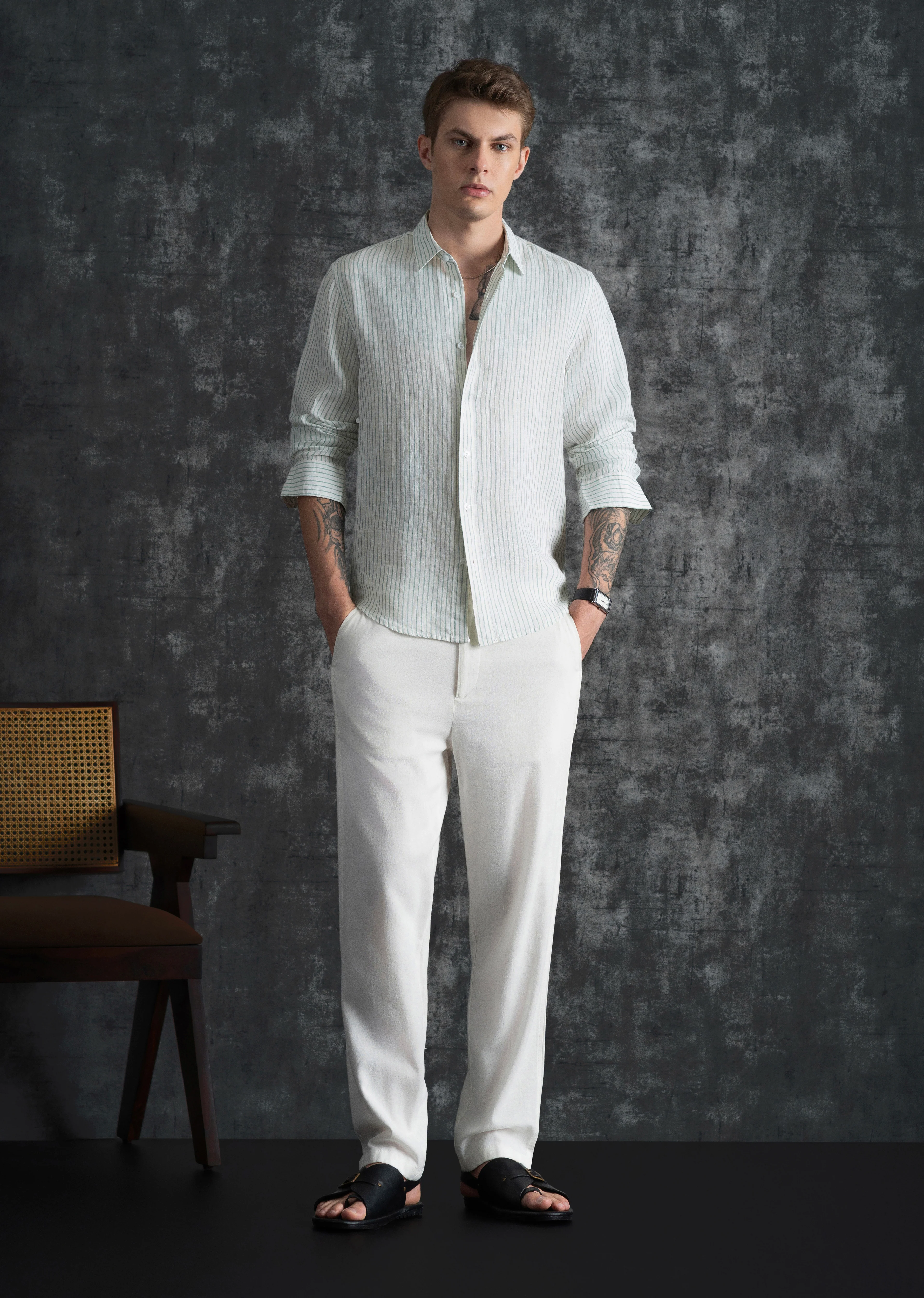100% Linen Green Self-Stripe Shirt - Image 8