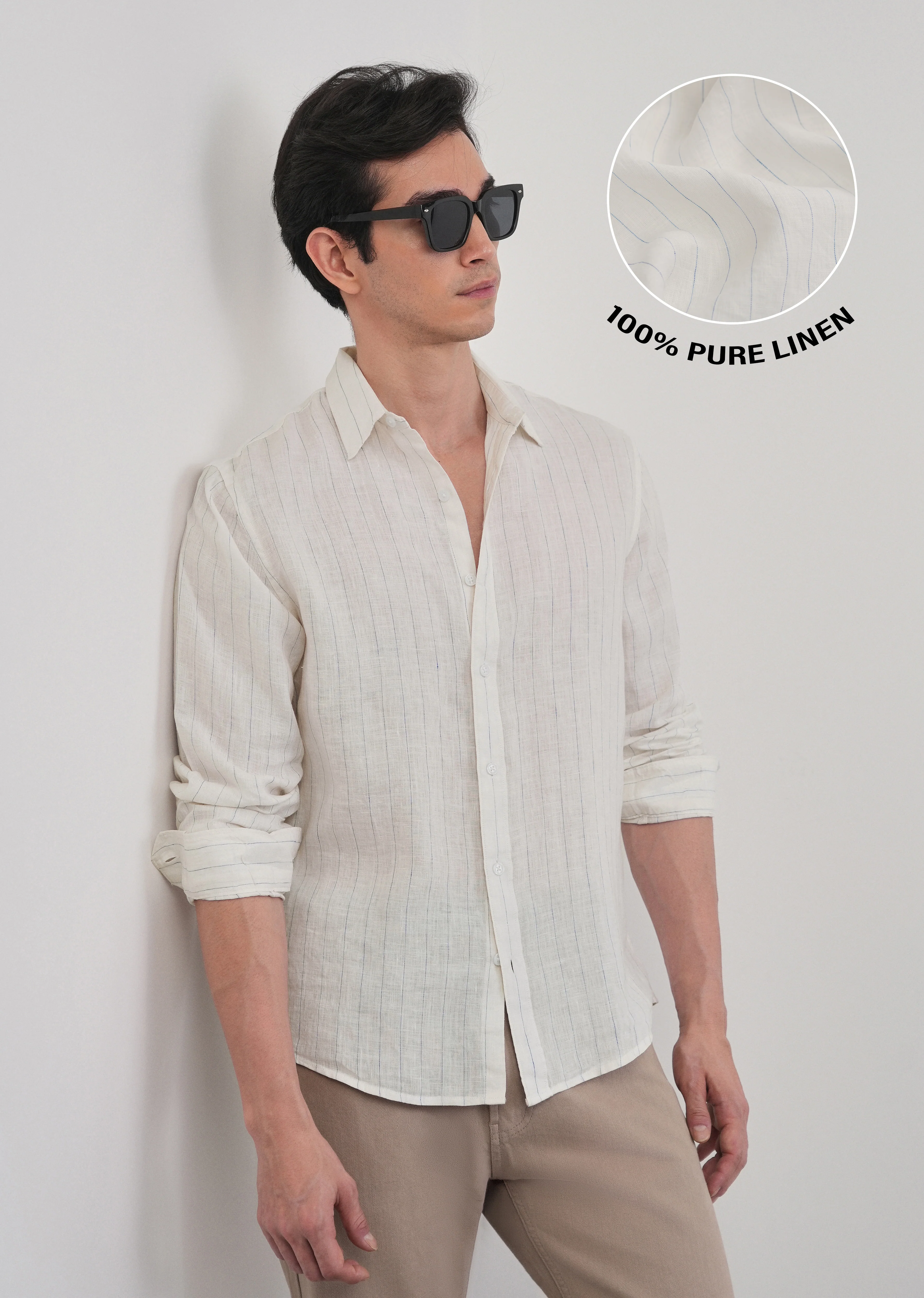 100% Linen Ivory Stripe Shirt - Image 9