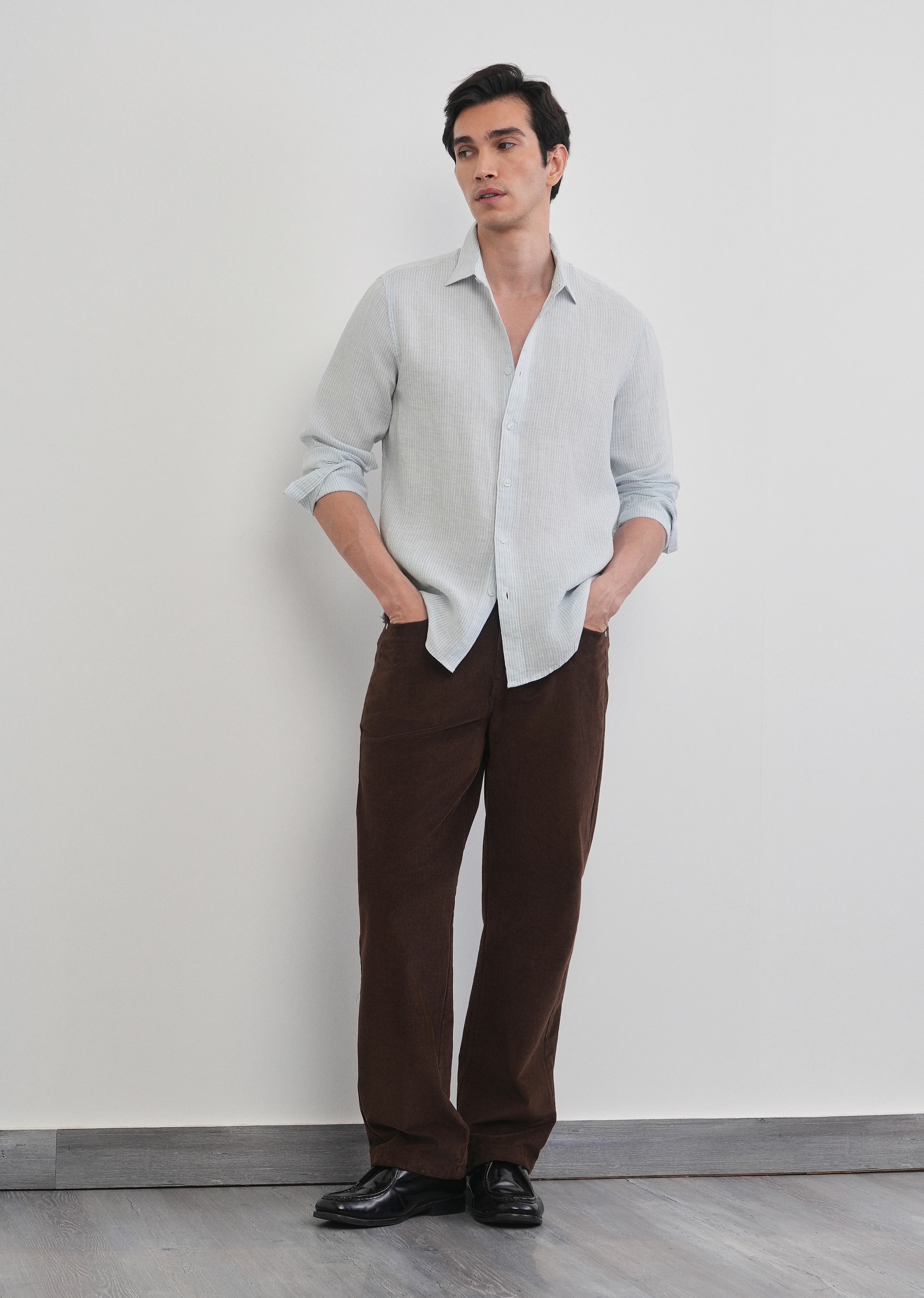 100% Linen Light Blue Self-Stripe Shirt - Image 10