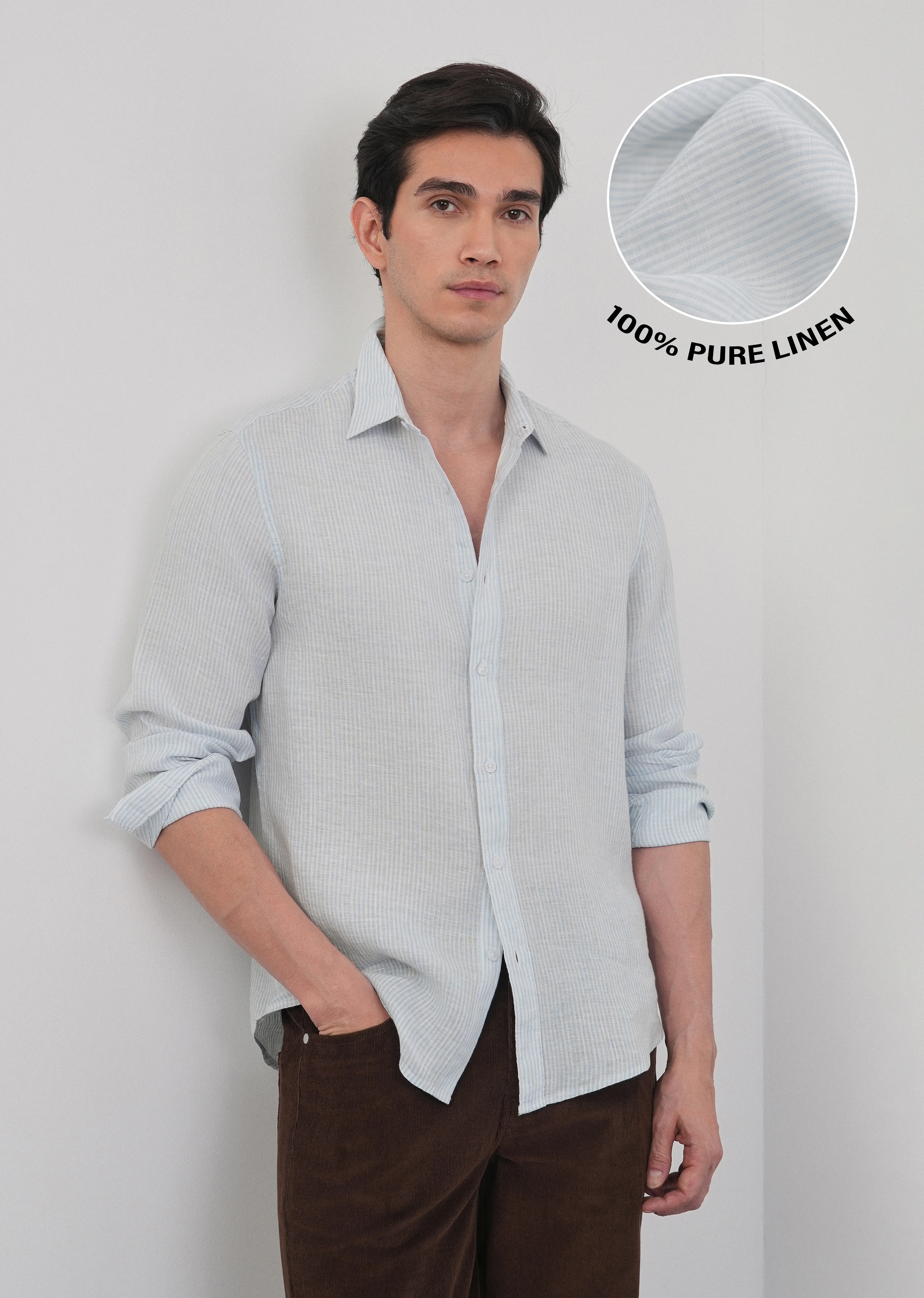100% Linen Light Blue Self-Stripe Shirt - Image 11