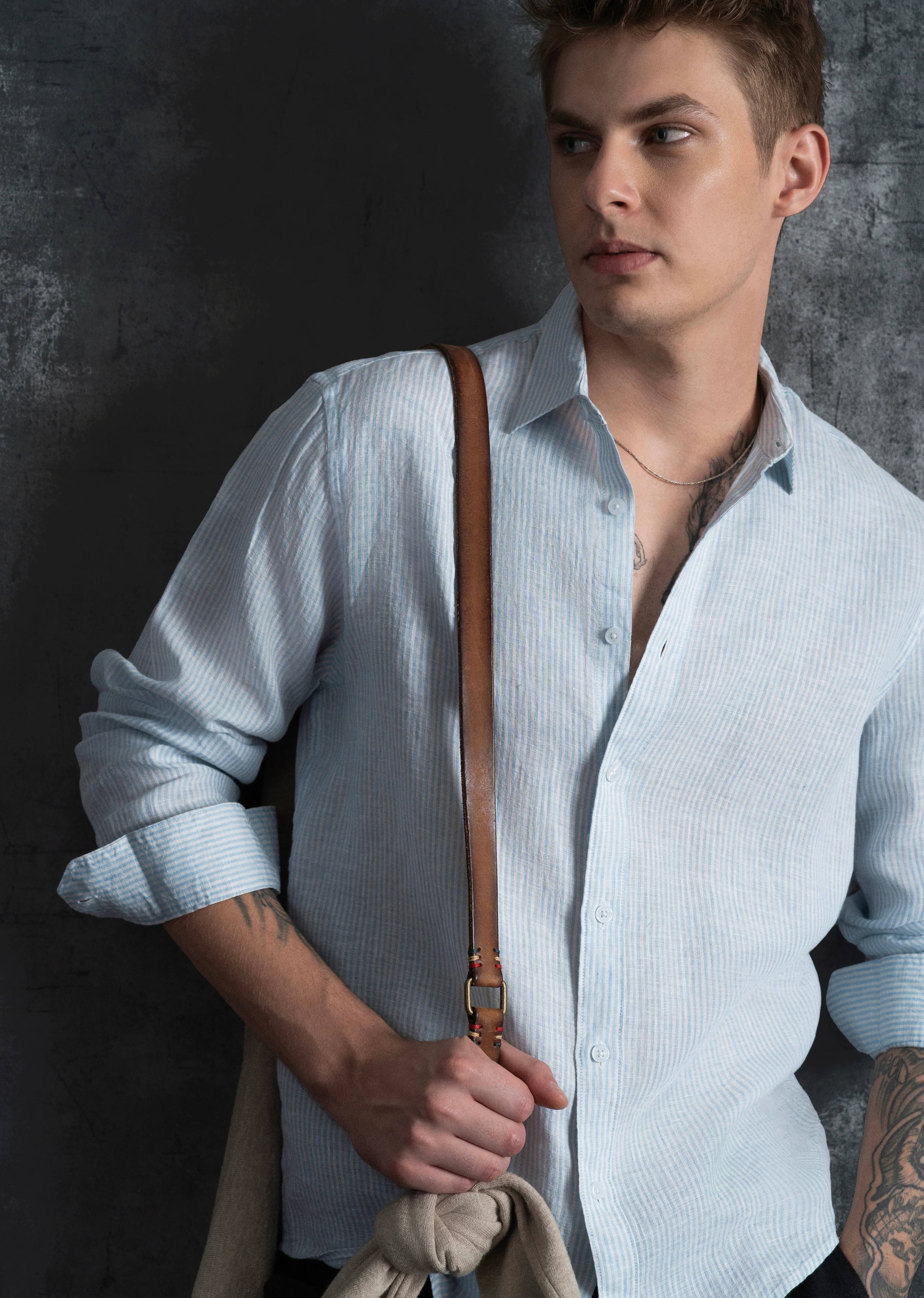 100% Linen Light Blue Self-Stripe Shirt - Image 3
