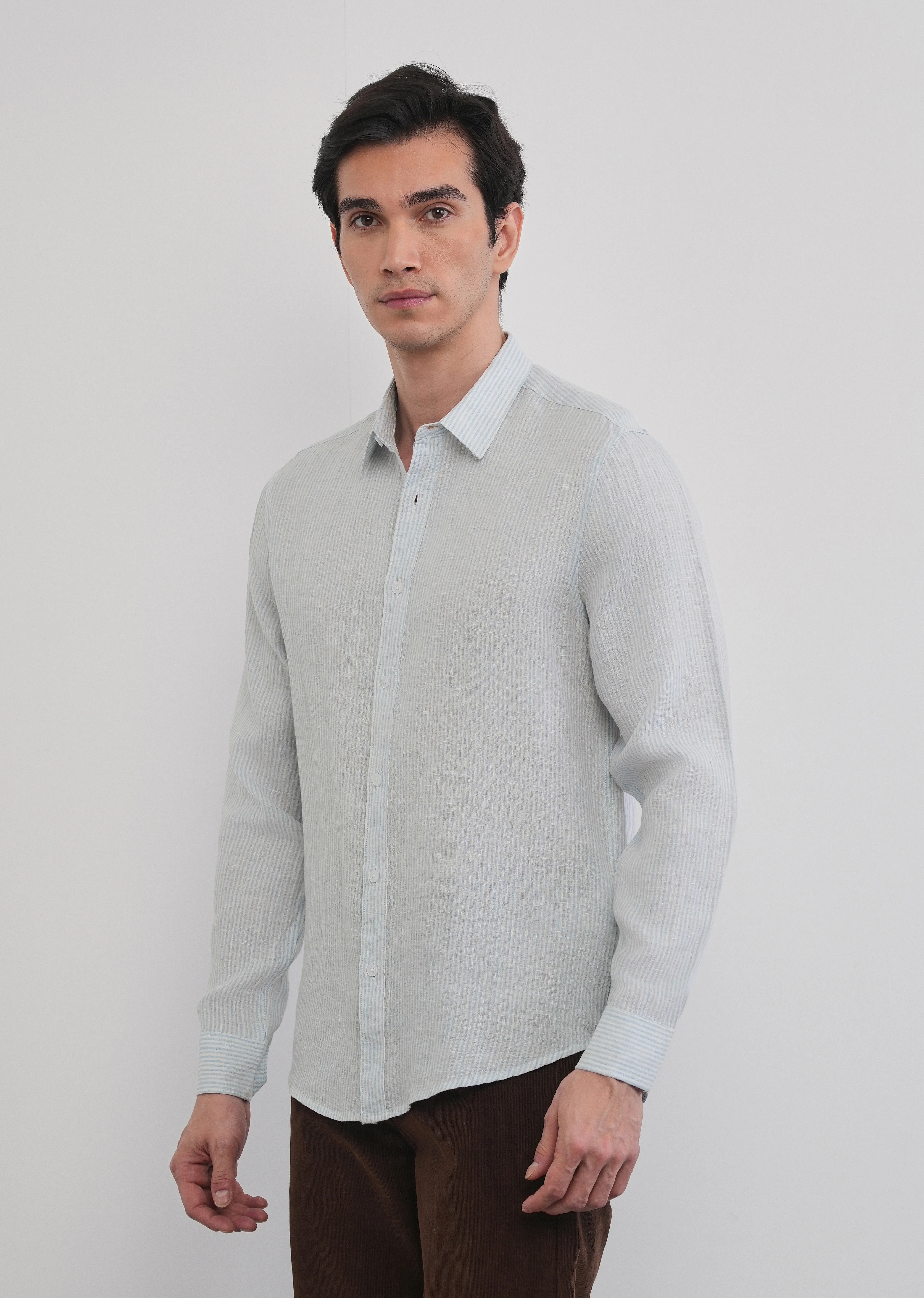 100% Linen Light Blue Self-Stripe Shirt - Image 7
