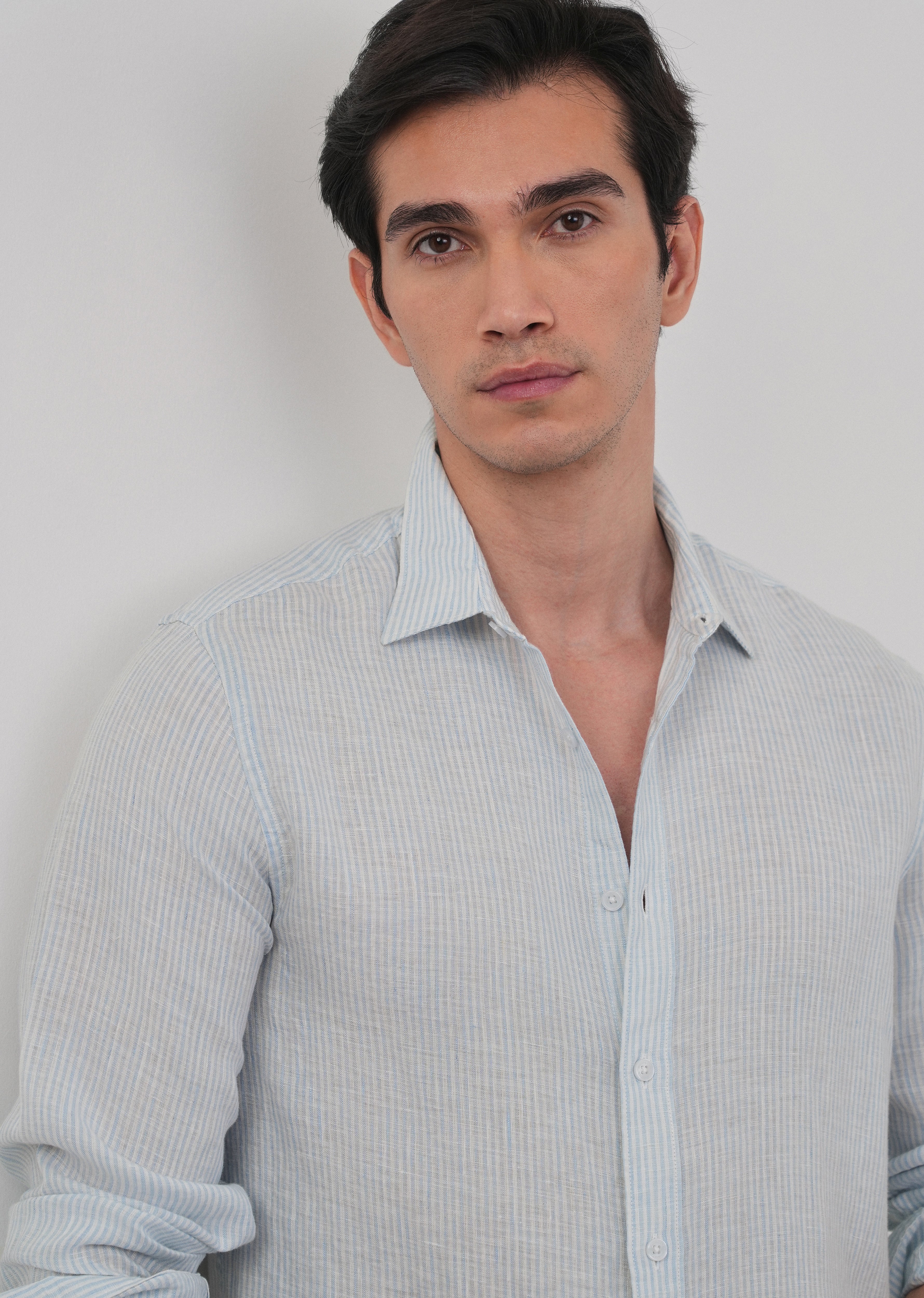 100% Linen Light Blue Self-Stripe Shirt - Image 9