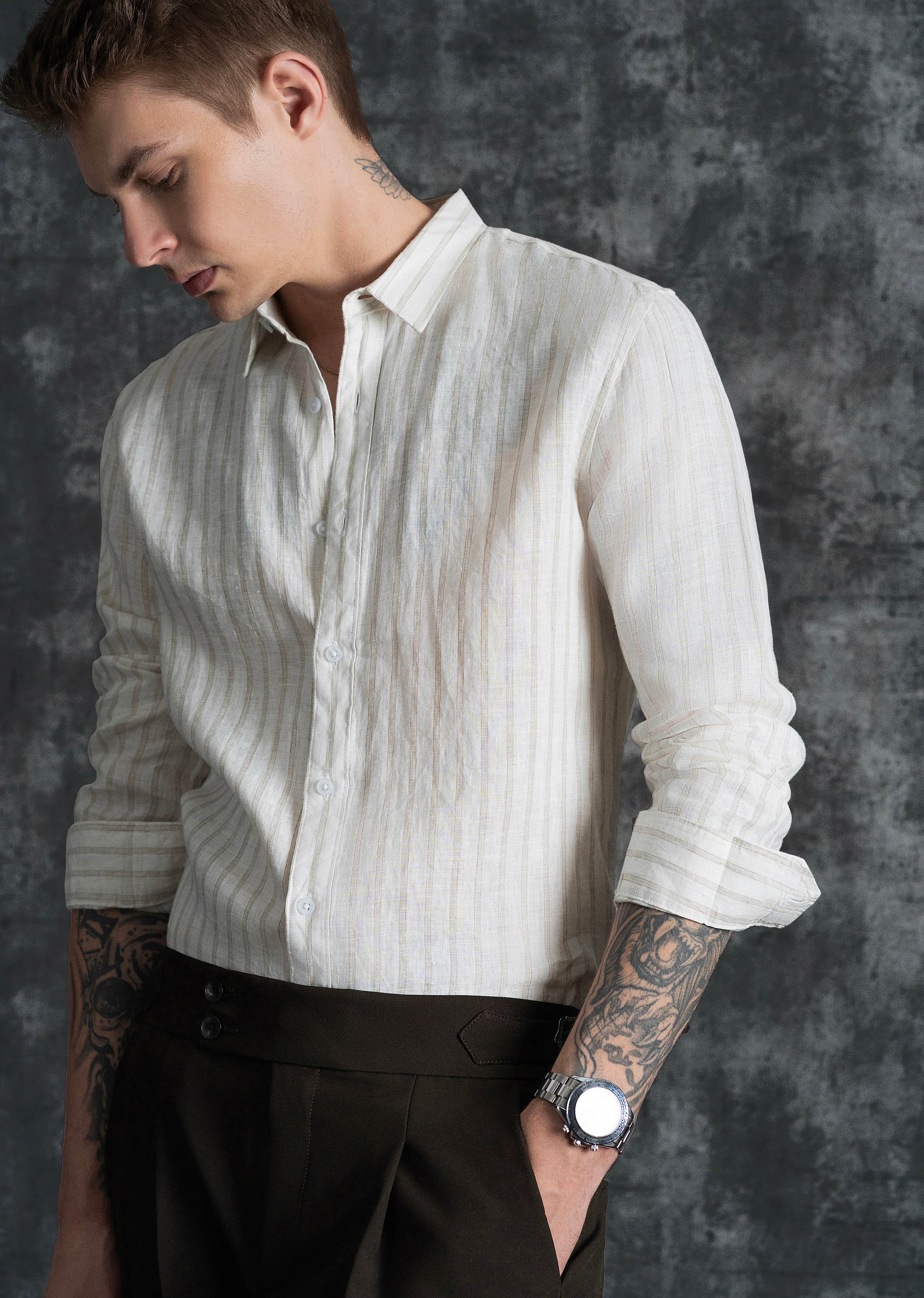 100% Linen Off-White Classic Stripe Shirt - Image 3