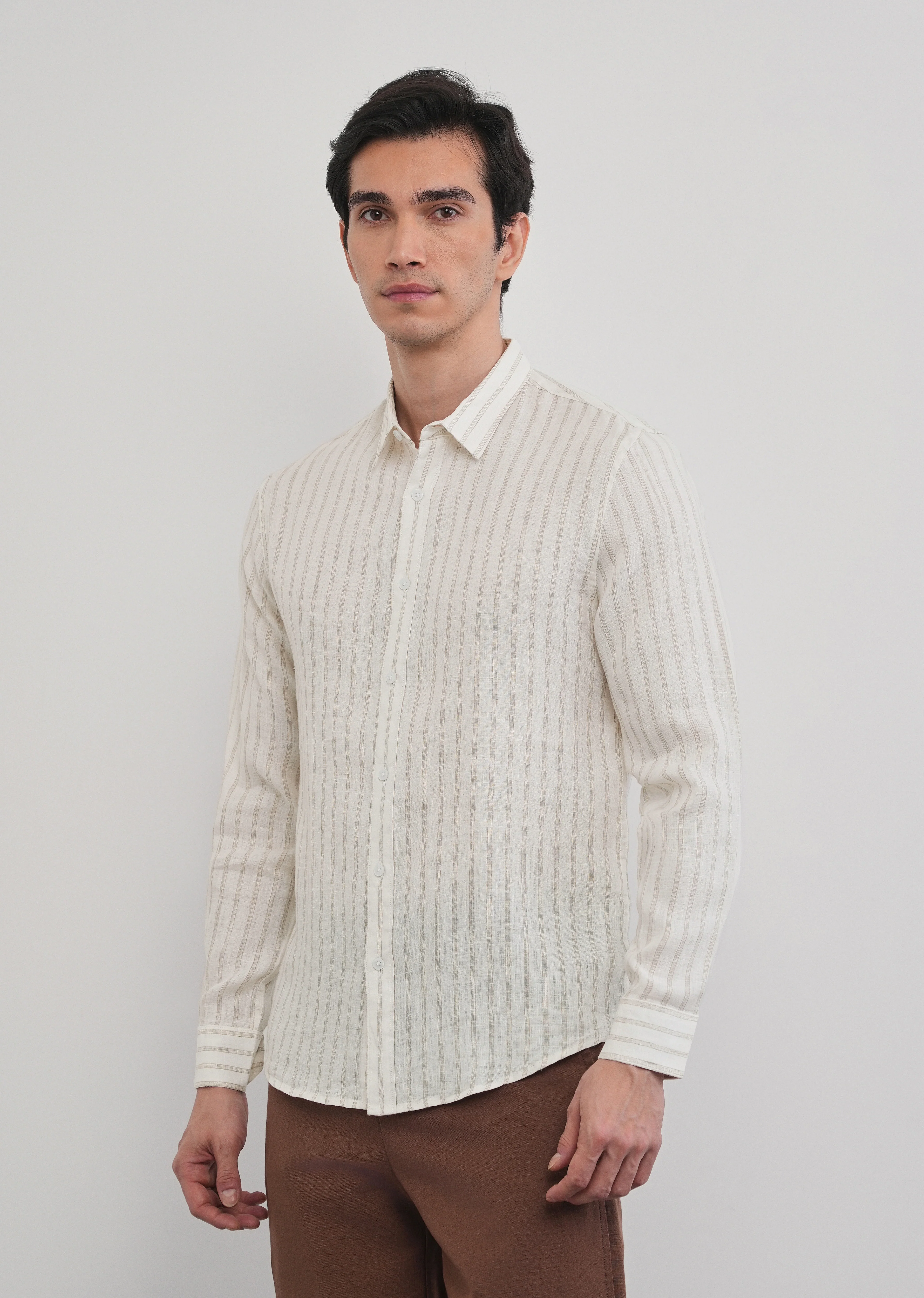 100% Linen Off-White Classic Stripe Shirt - Image 7