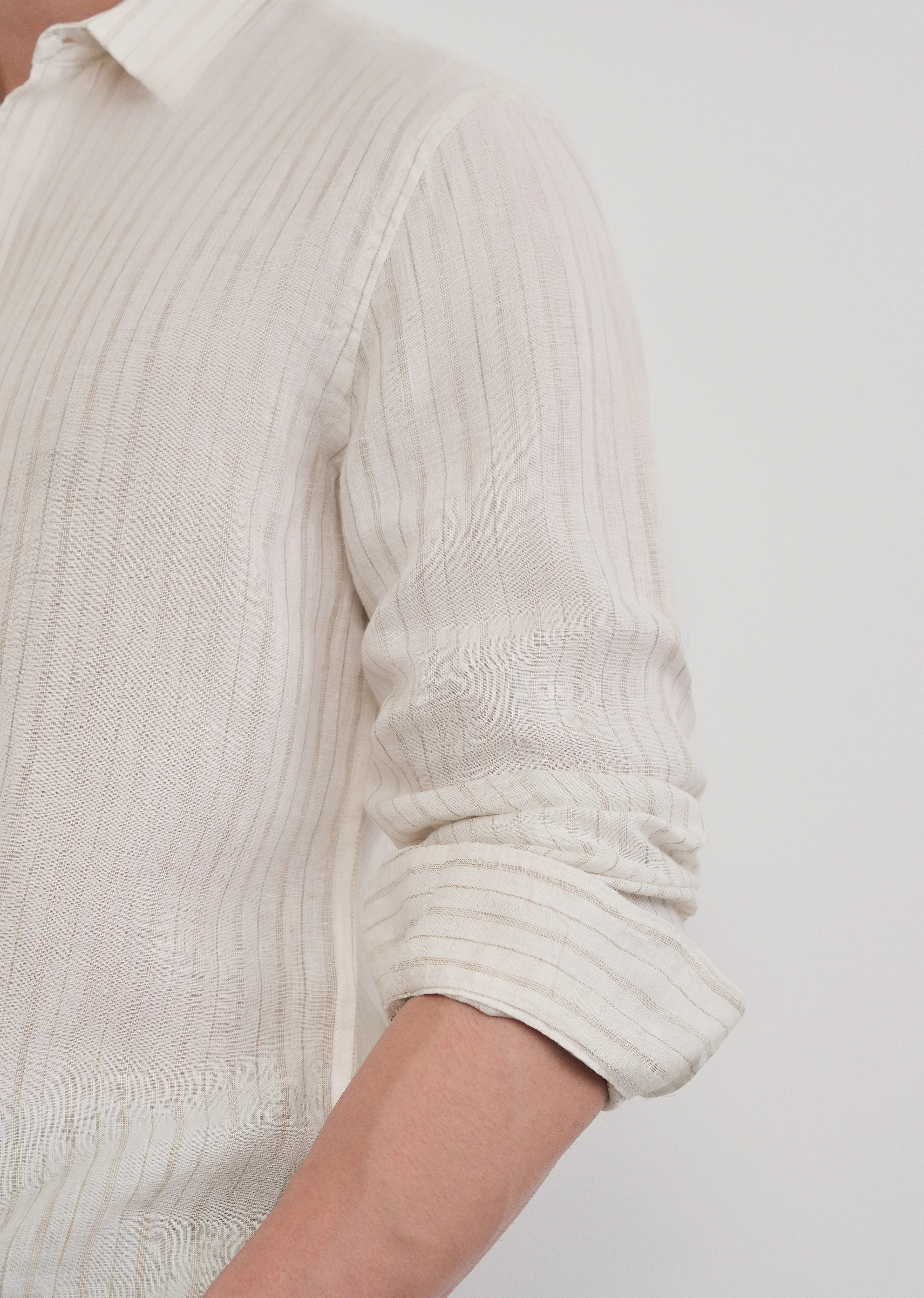 100% Linen Off-White Dual Stripe Shirt - Image 10