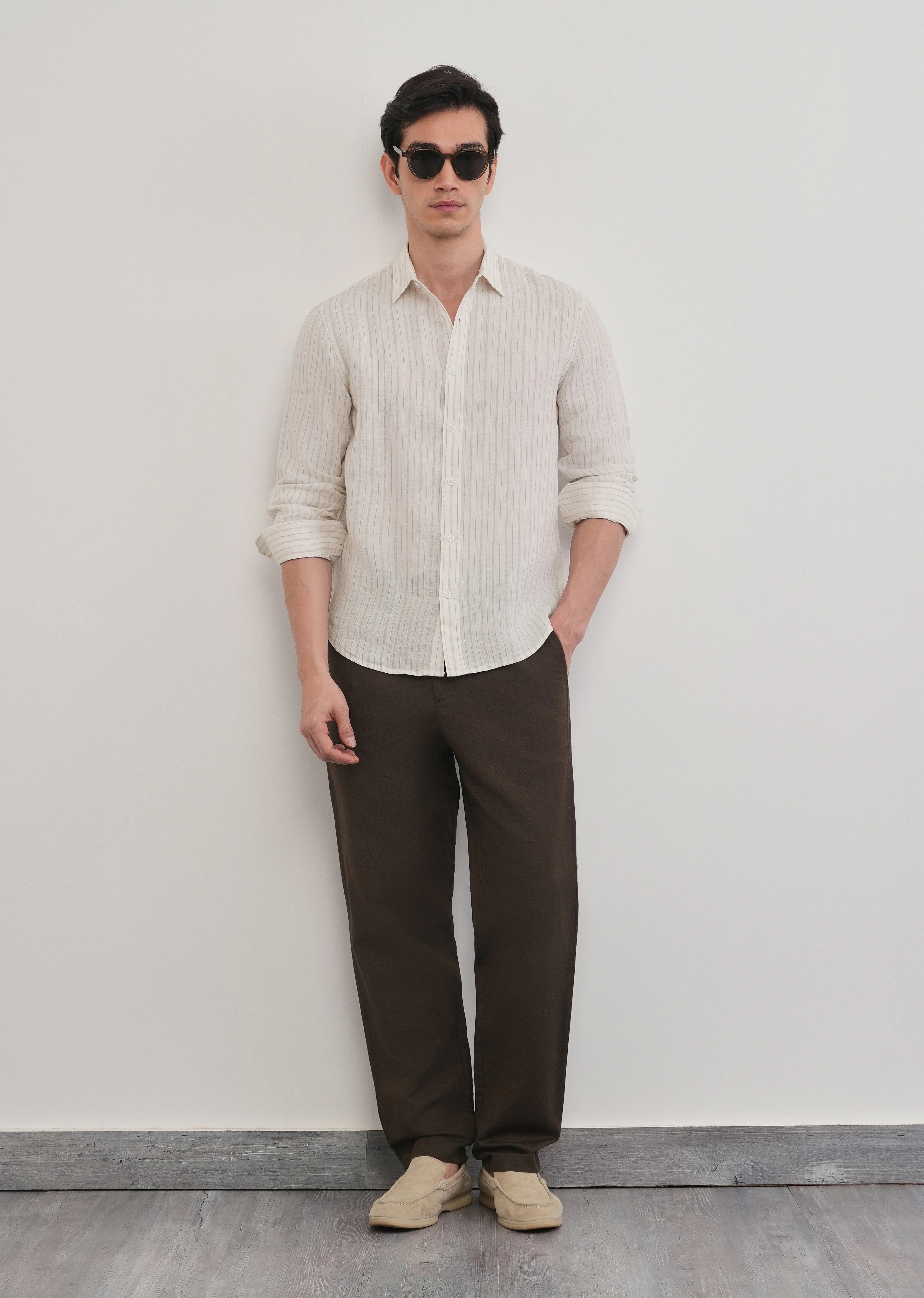 100% Linen Off-White Dual Stripe Shirt - Image 11