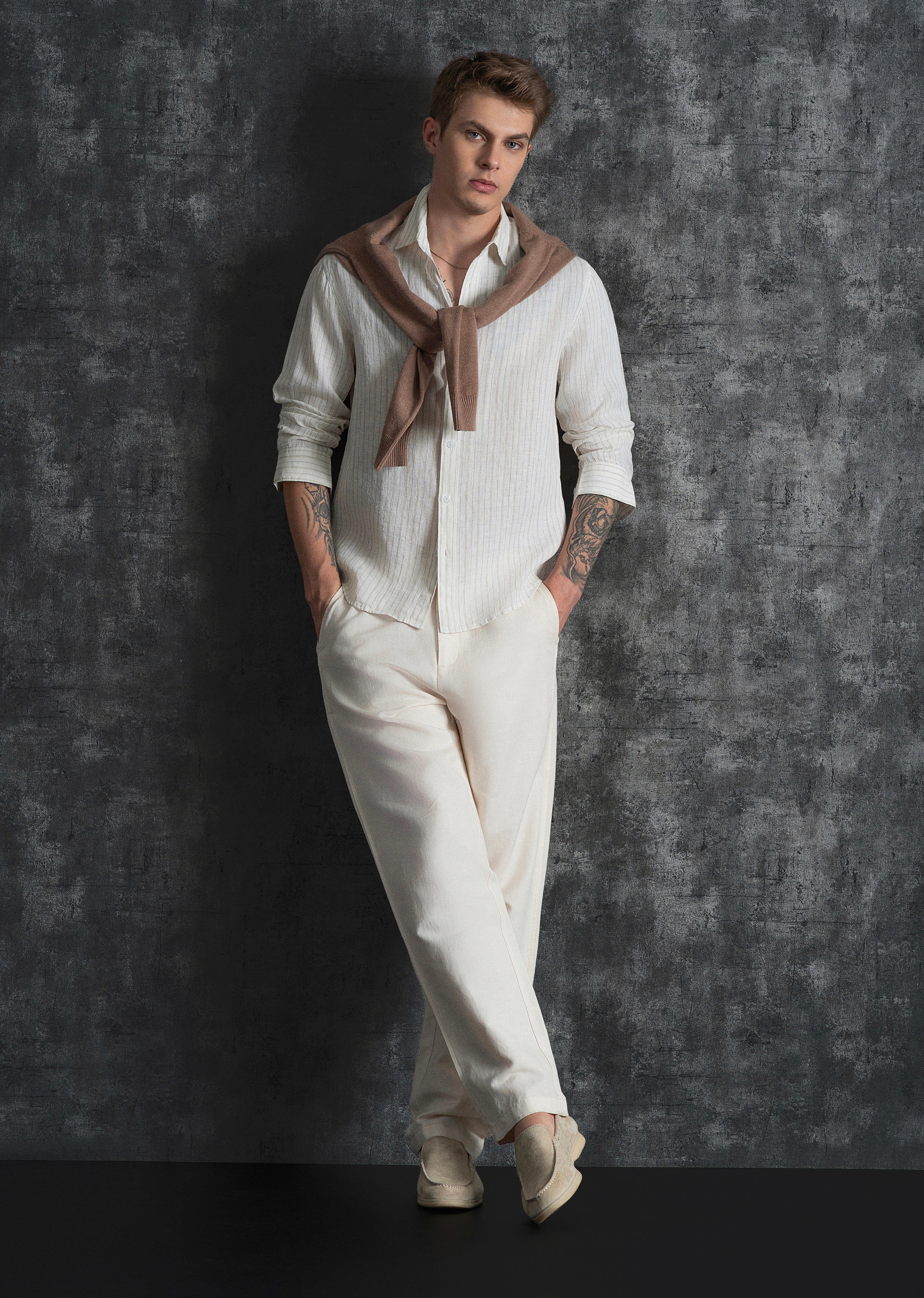 100% Linen Off-White Dual Stripe Shirt - Image 8