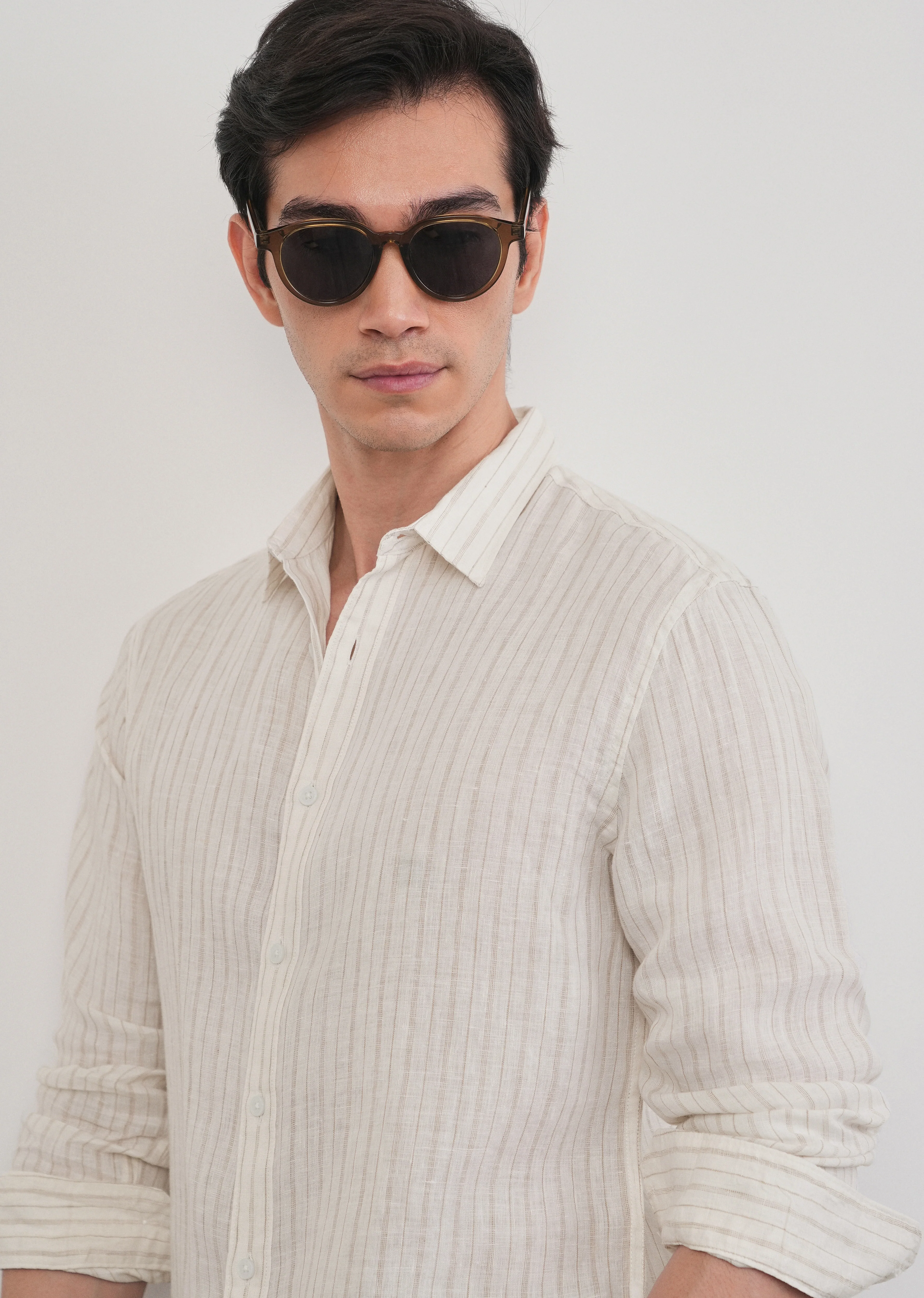 100% Linen Off-White Dual Stripe Shirt - Image 9