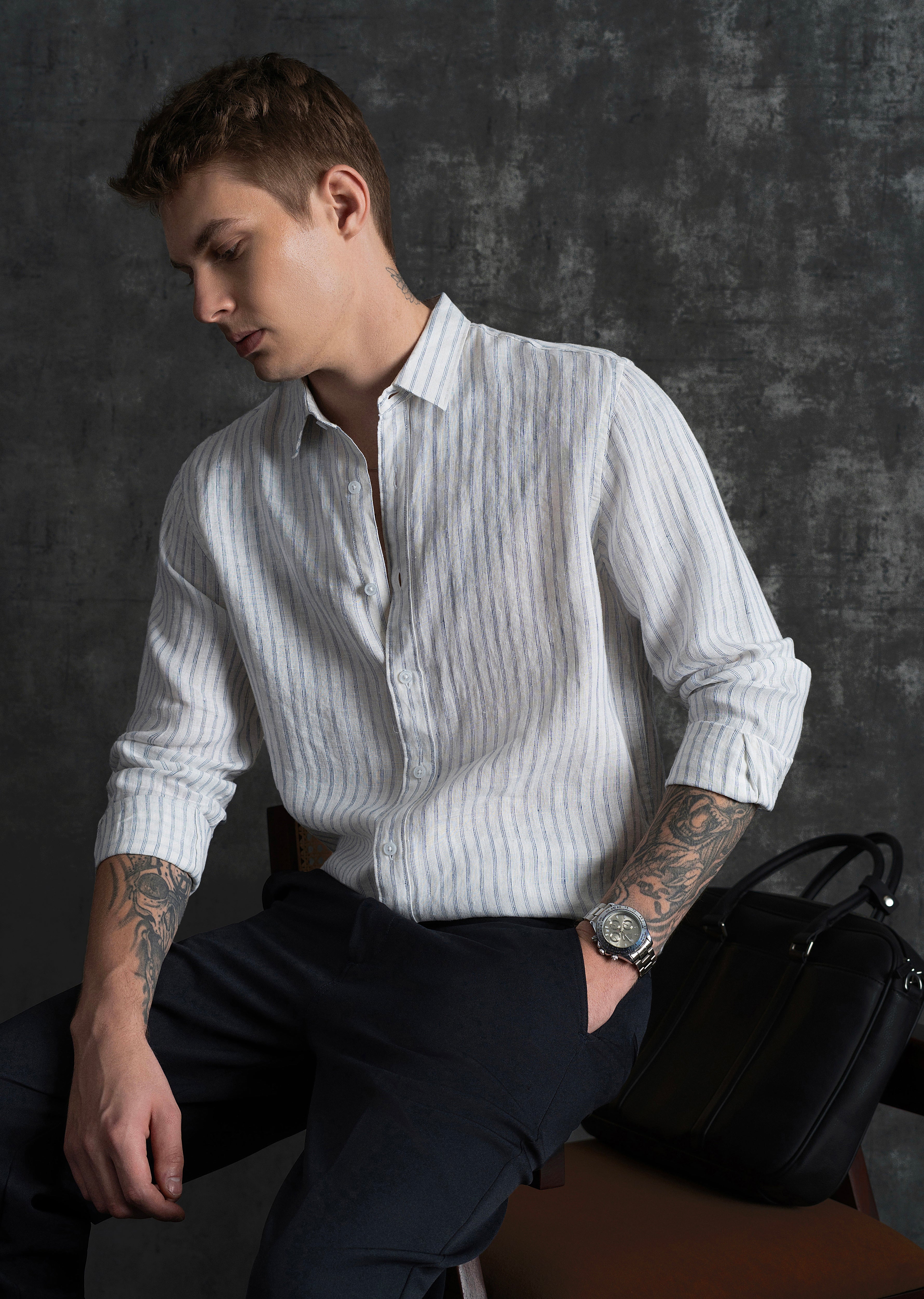 100% Linen Off-White Self-Stripe Shirt - Image 13