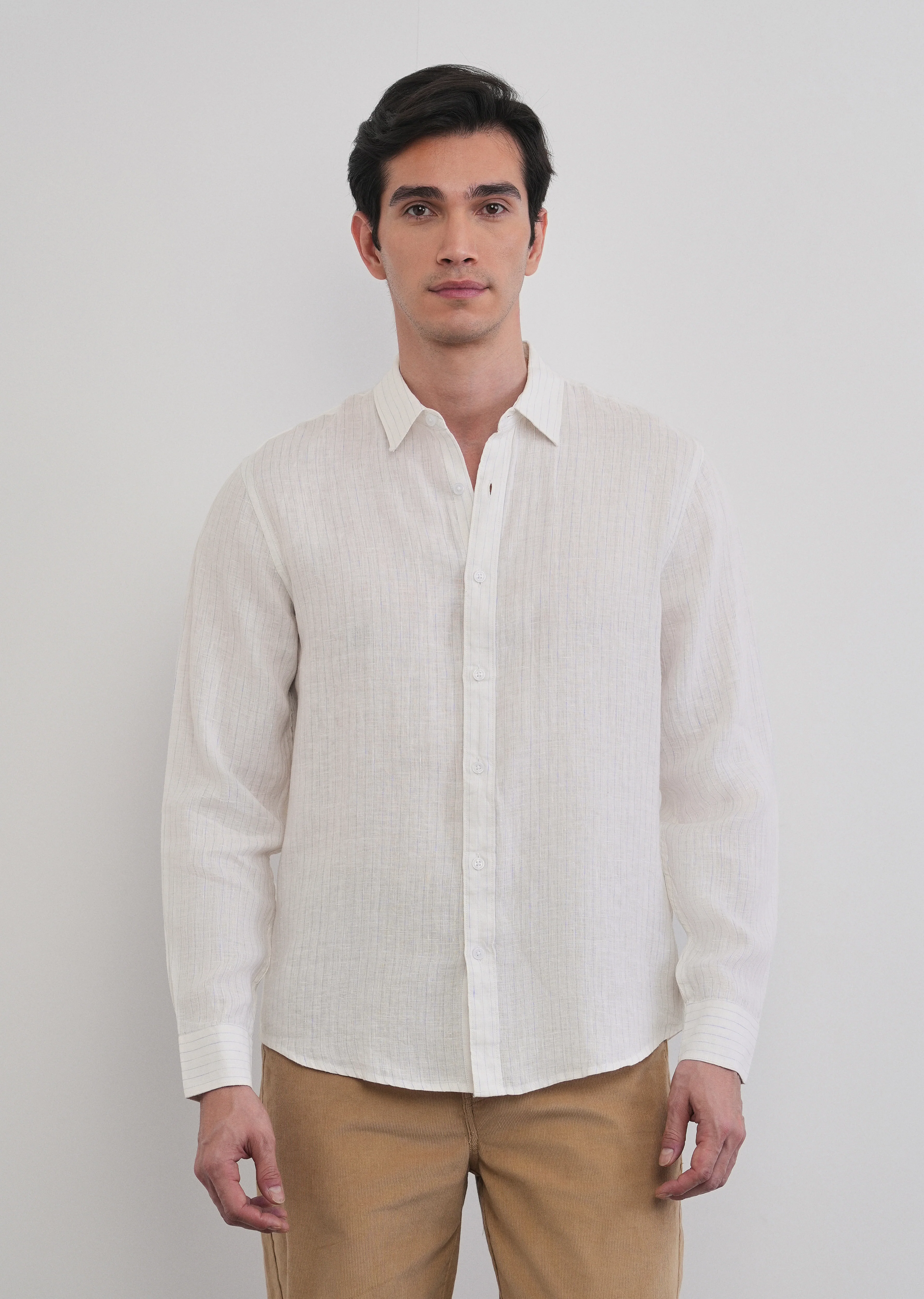100% Linen Off-White Stripe Shirt - Image 4