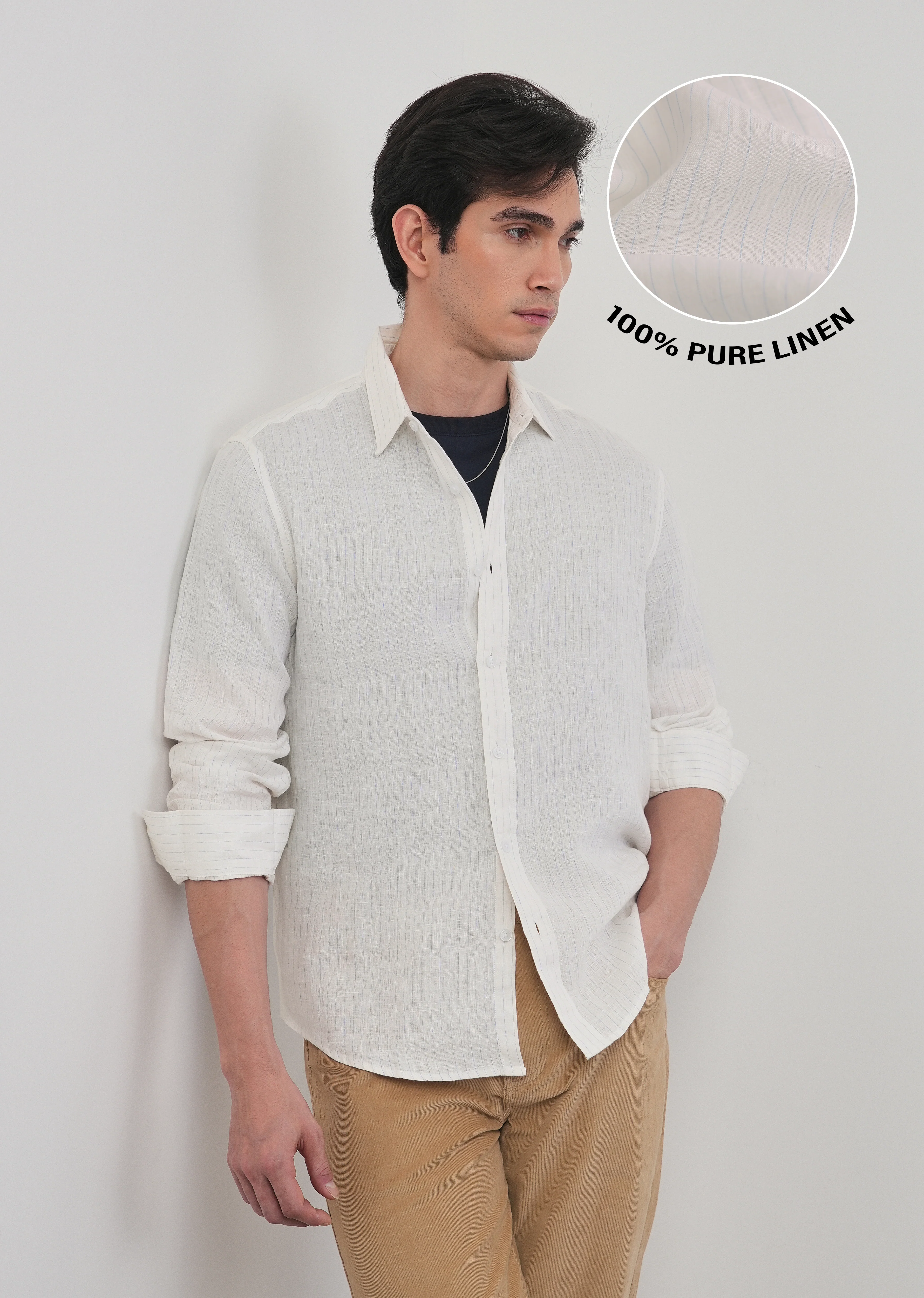 100% Linen Off-White Stripe Shirt - Image 8