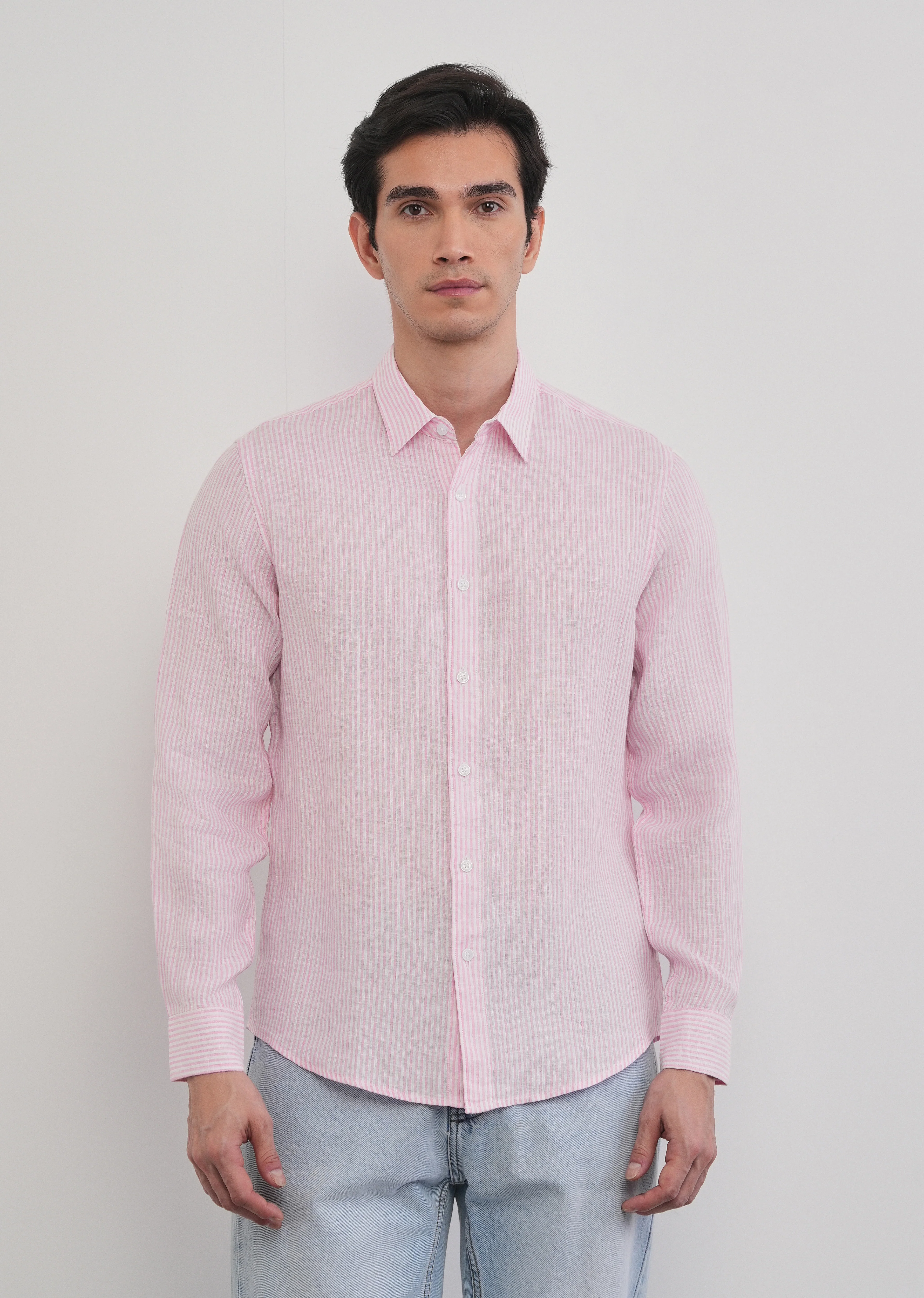 100% Linen Pink Self-Stripe Shirt - Image 8