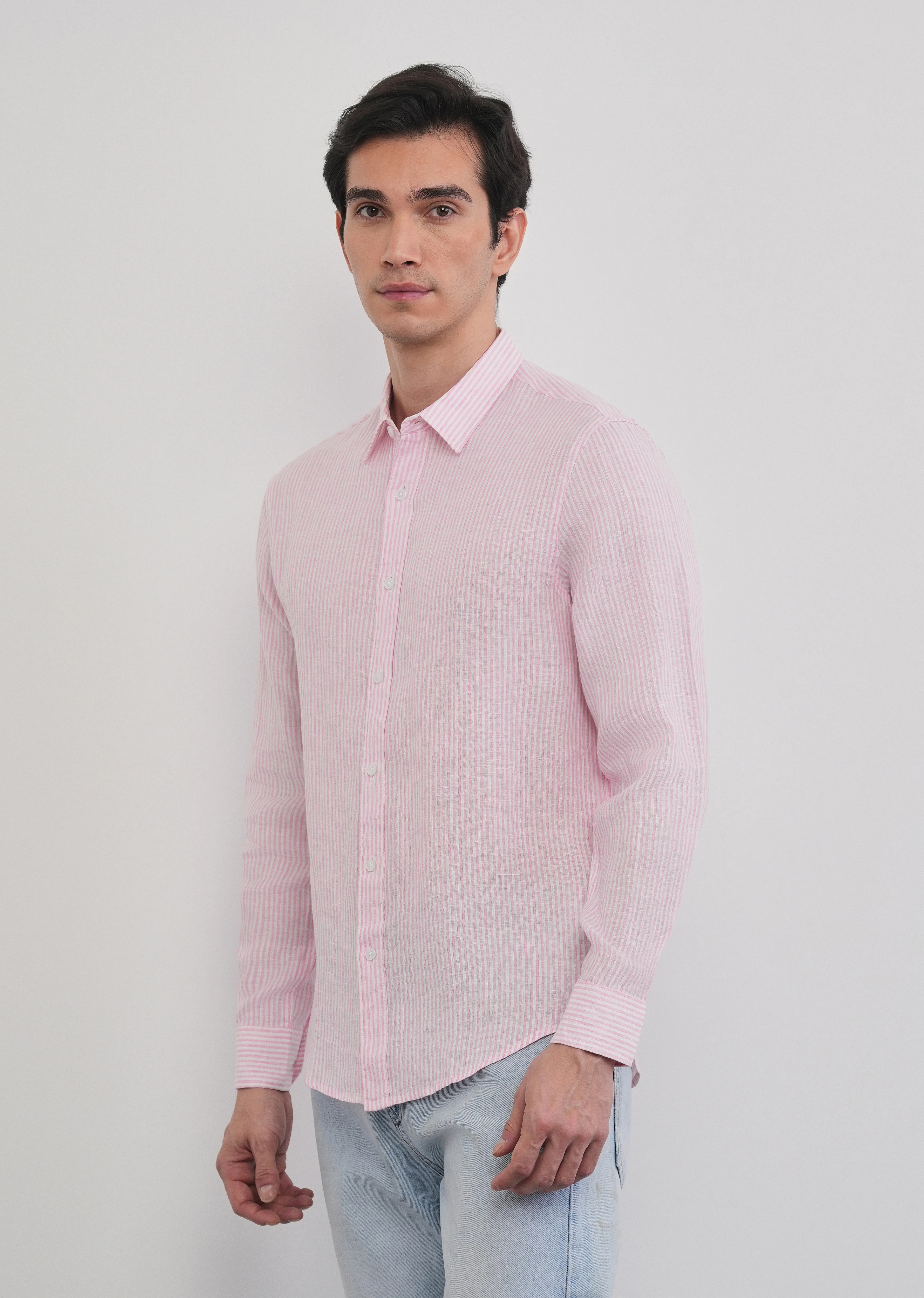 100% Linen Pink Self-Stripe Shirt - Image 9