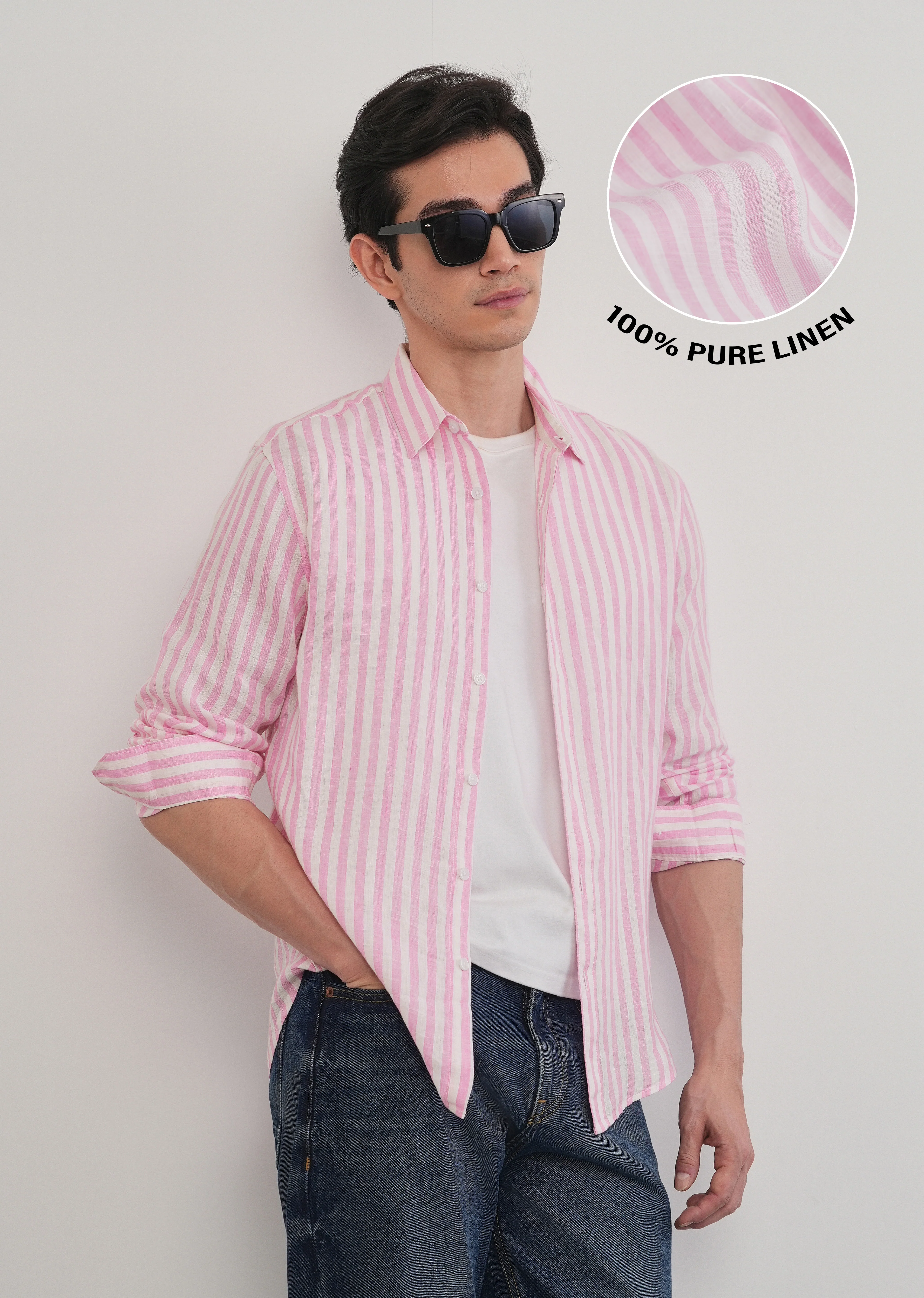 100% Linen Pink Stripe Shirt - Image 11