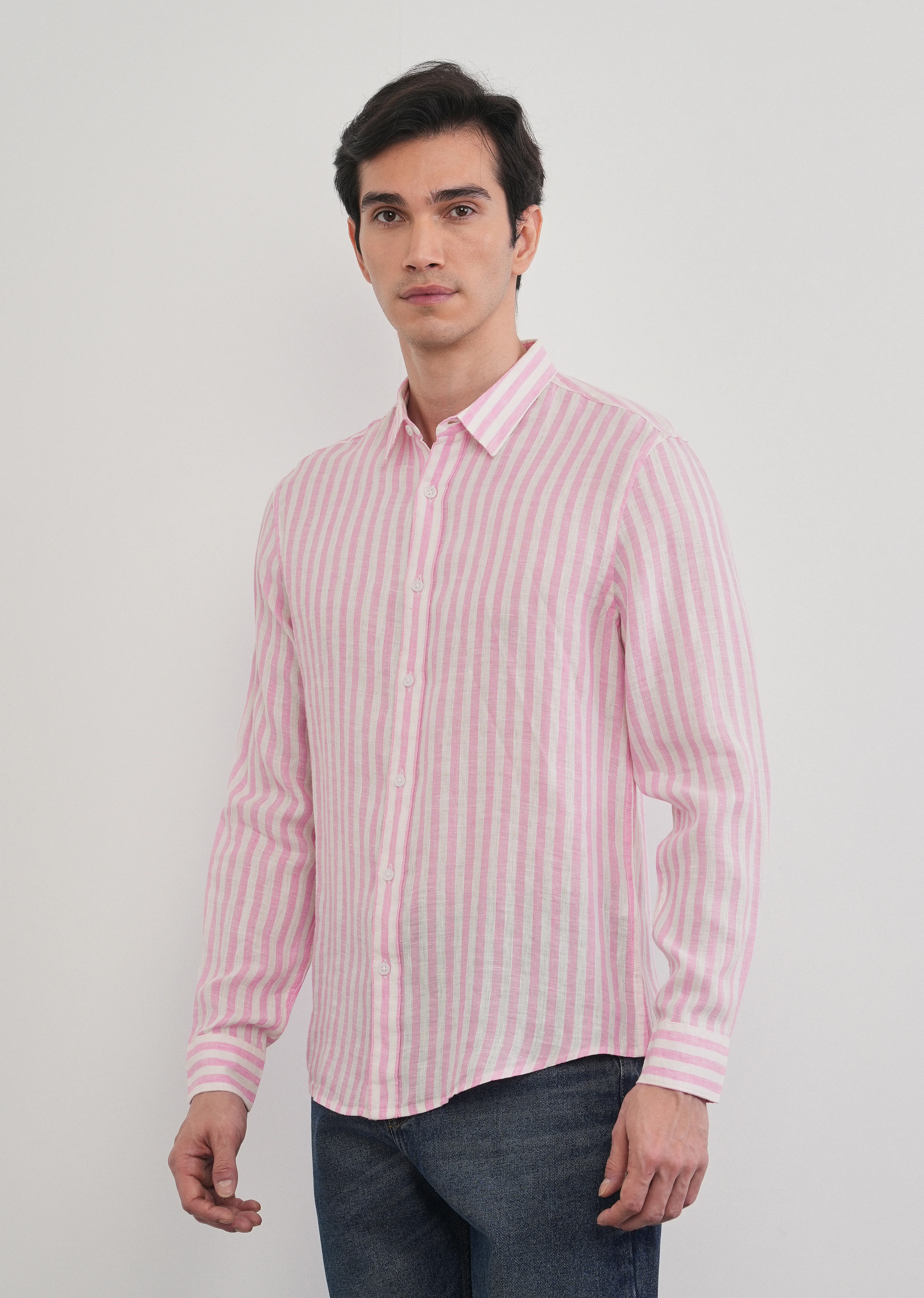 100% Linen Pink Stripe Shirt - Image 7