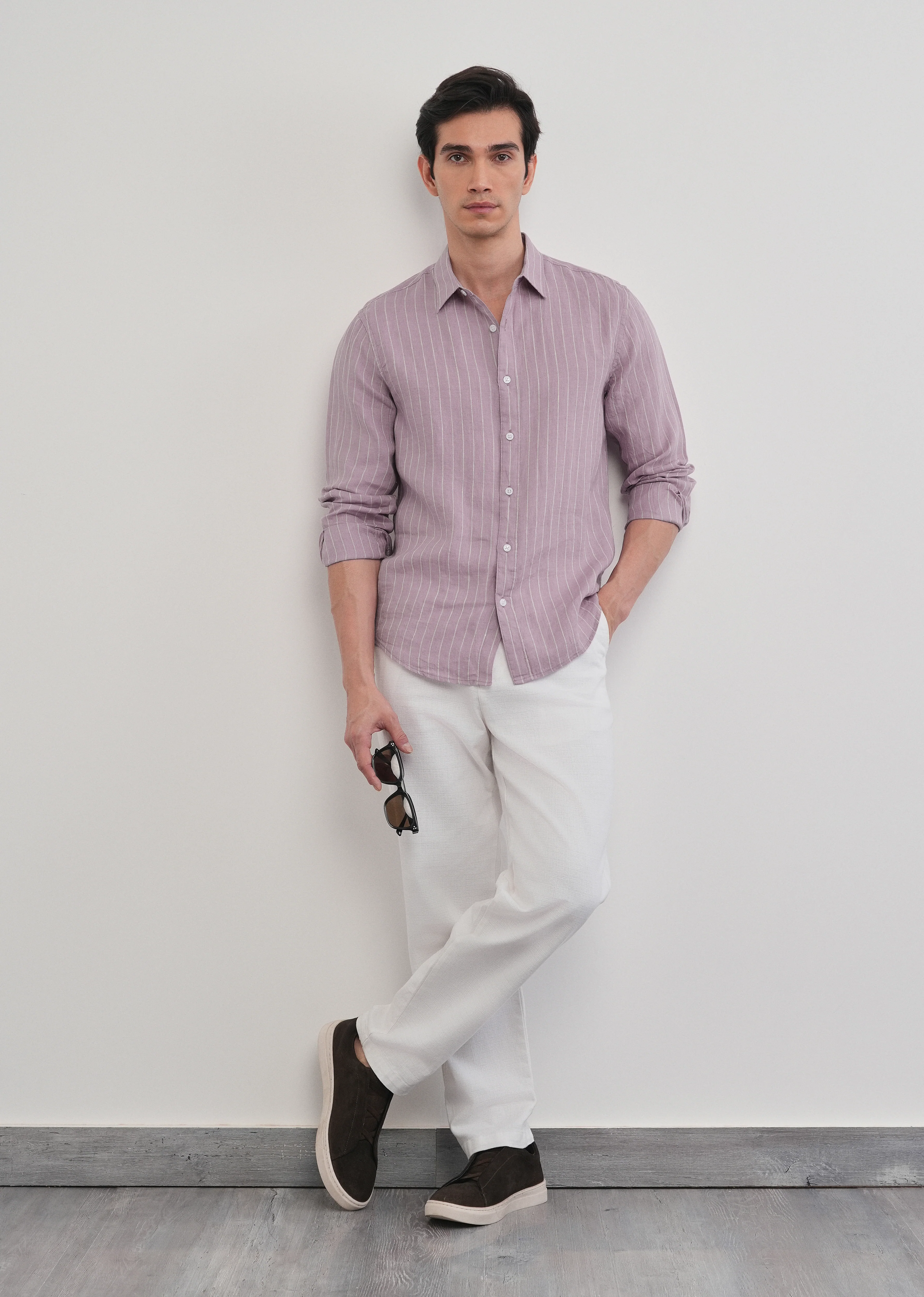 100% Linen Purple Vertical Stripe Shirt - Image 10