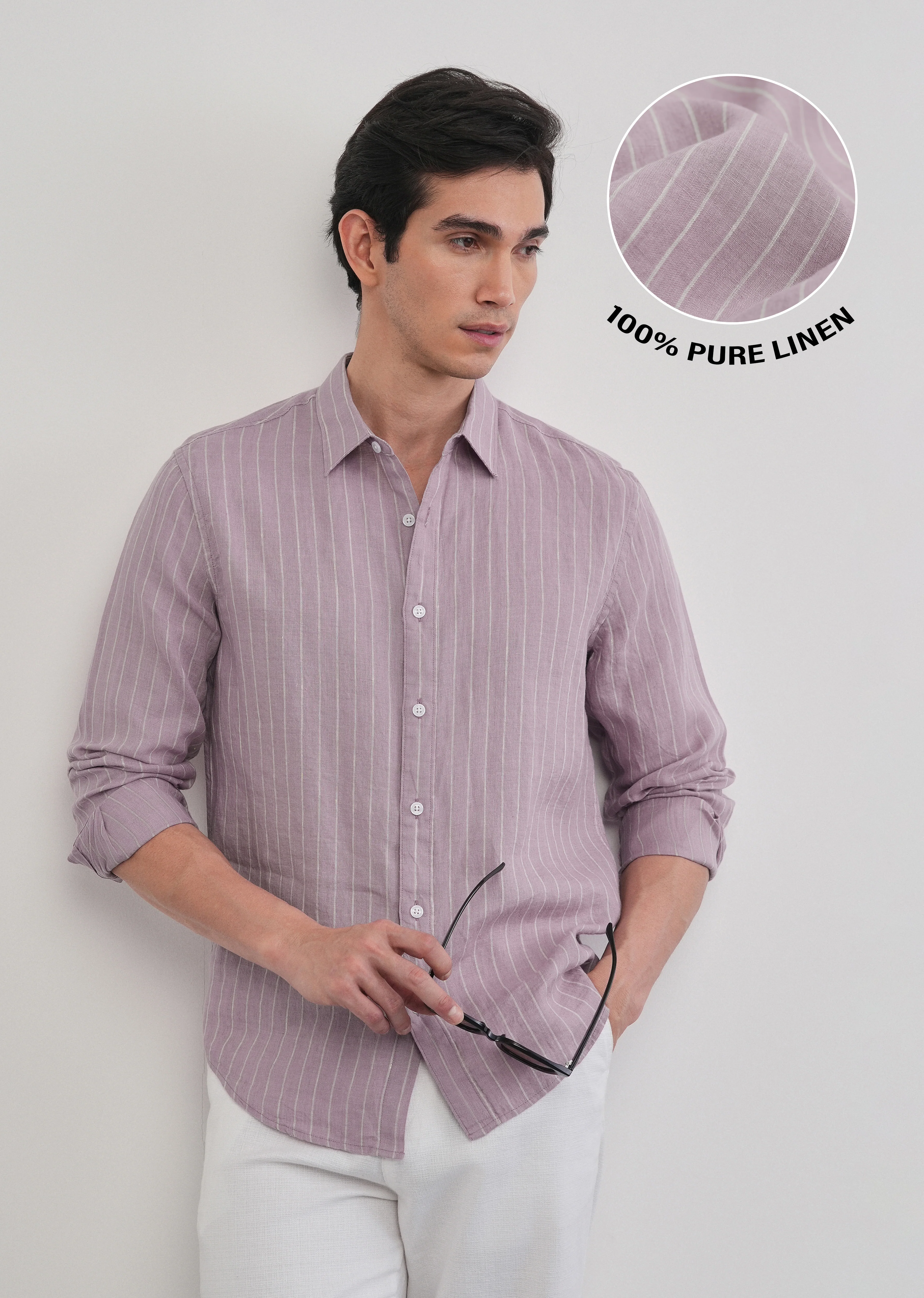 100% Linen Purple Vertical Stripe Shirt - Image 11