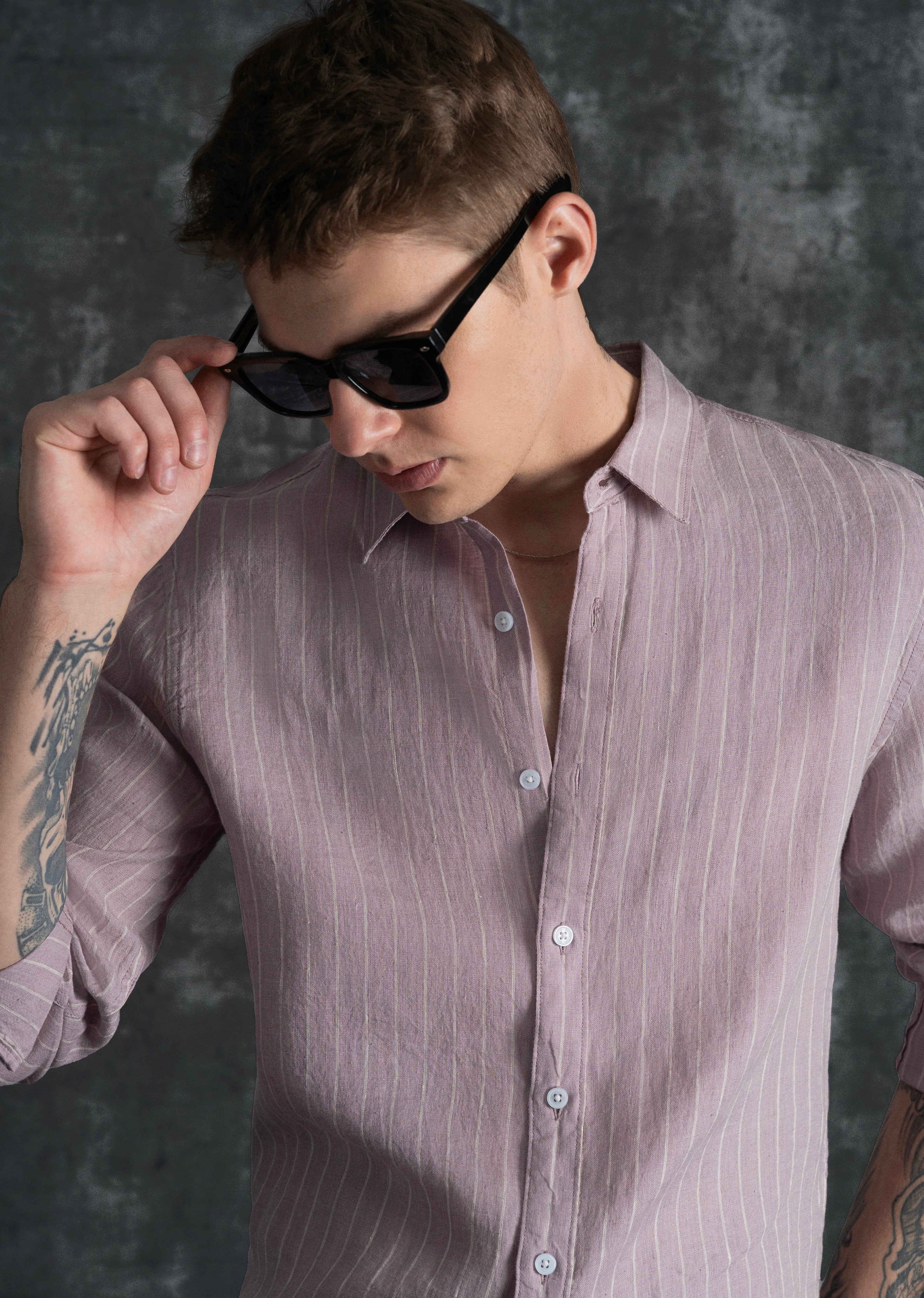 100% Linen Purple Vertical Stripe Shirt - Image 3