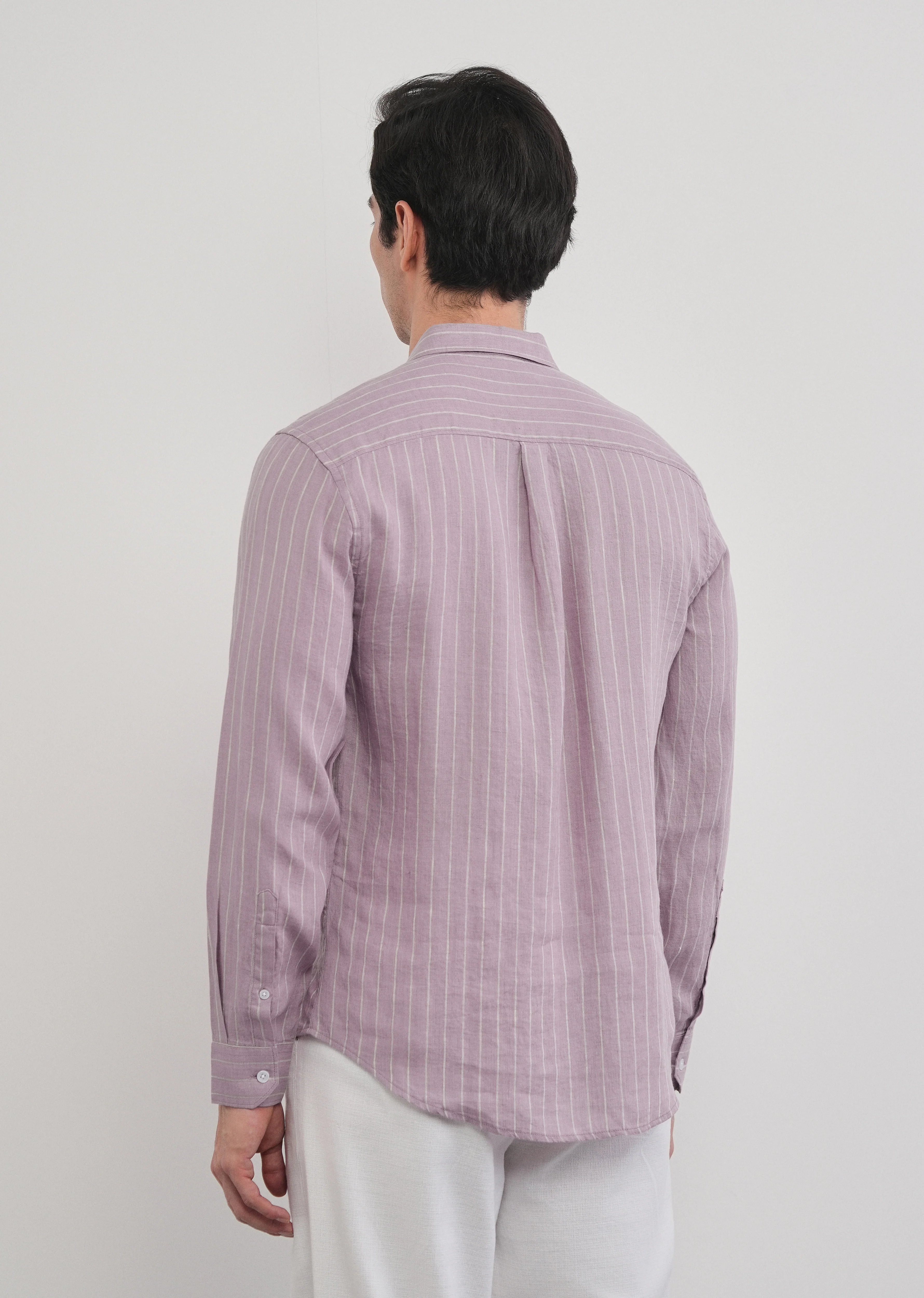 100% Linen Purple Vertical Stripe Shirt - Image 5