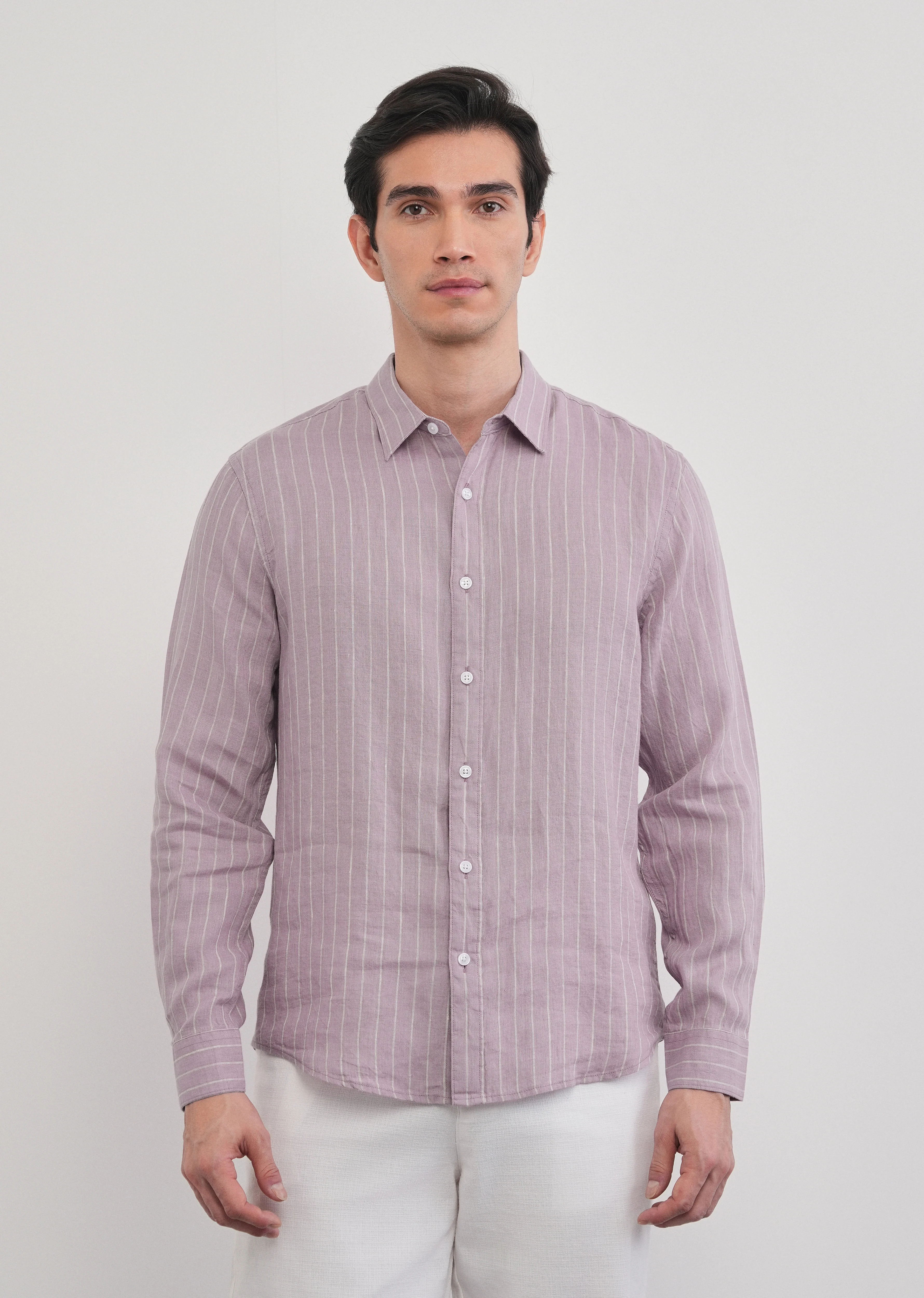 100% Linen Purple Vertical Stripe Shirt - Image 6