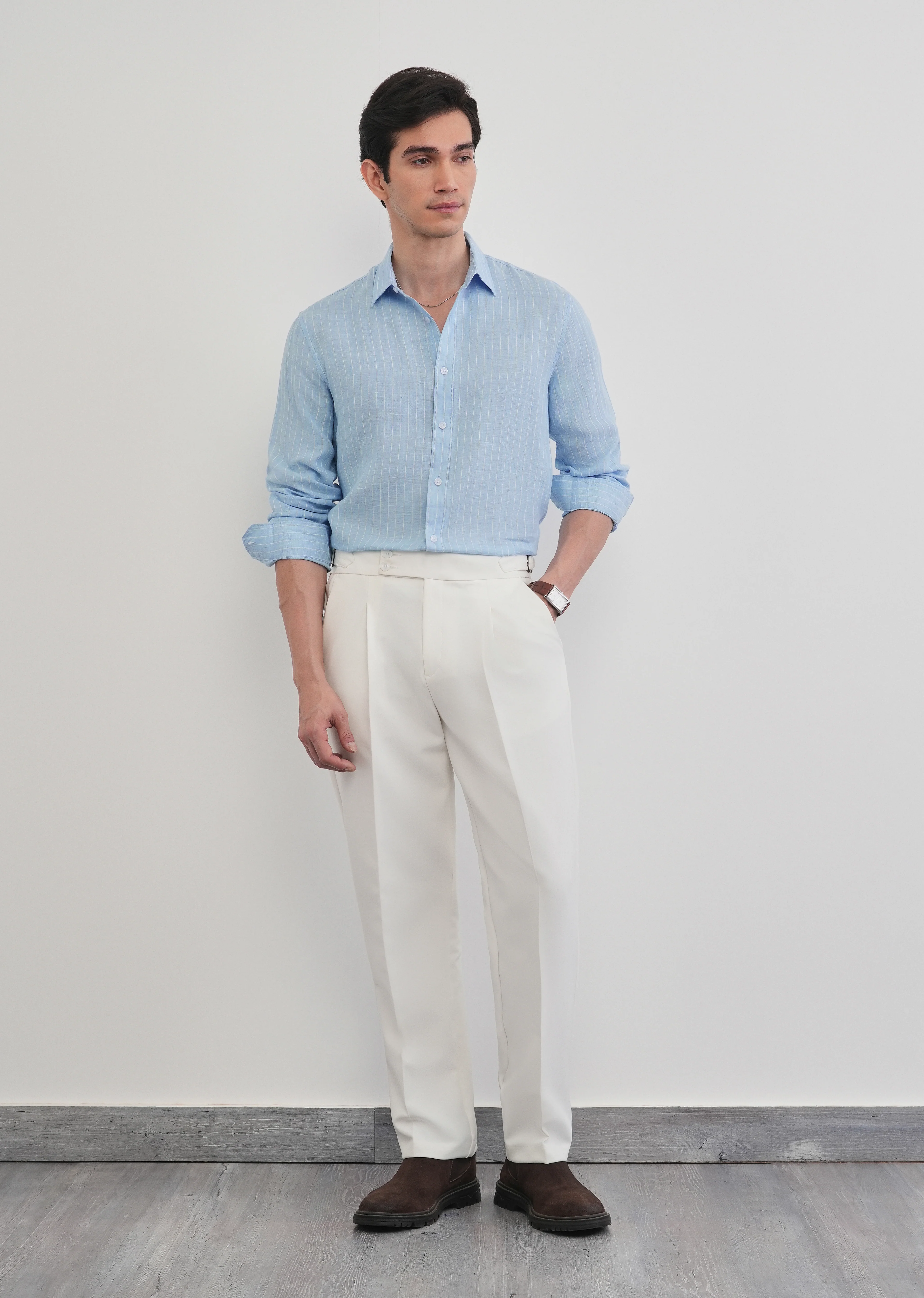 100% Linen Sky Blue Stripe Shirt - Image 11