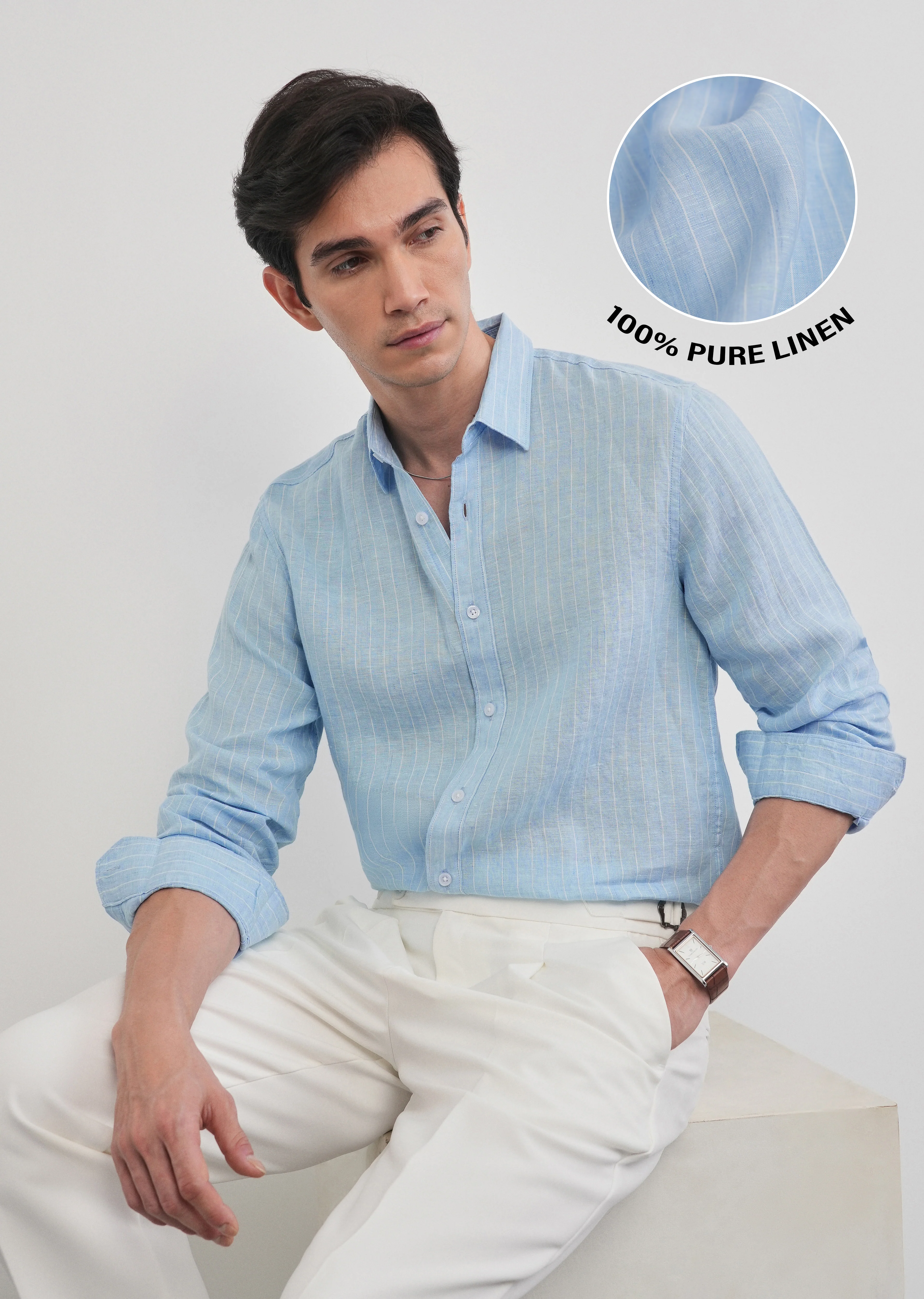 100% Linen Sky Blue Stripe Shirt - Image 12
