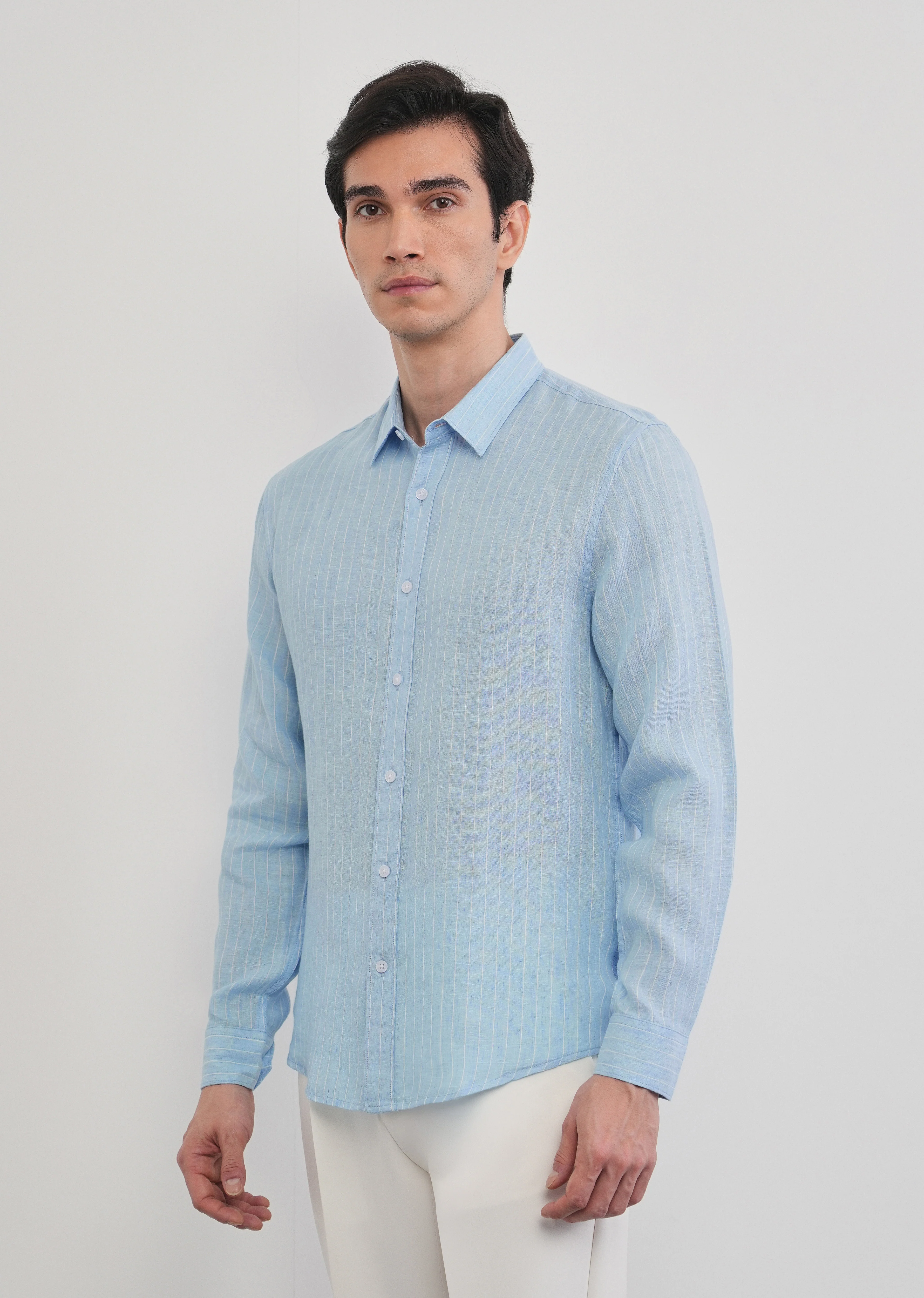 100% Linen Sky Blue Stripe Shirt - Image 7